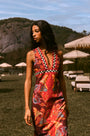 The Caroline Dress in Birds of a Feather Maroon. 