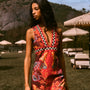 The Caroline Dress in Birds of a Feather Maroon. 