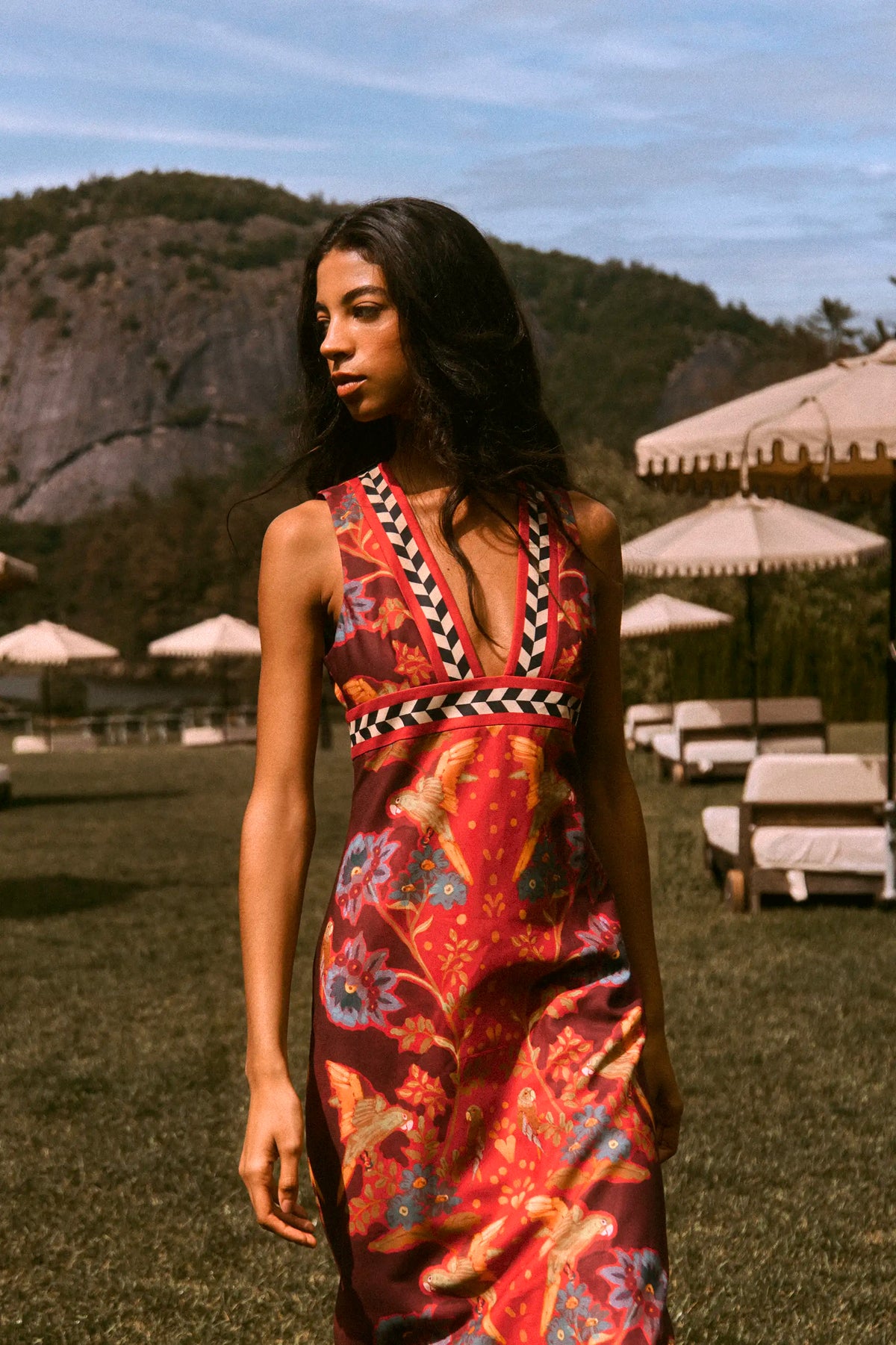 The Caroline Dress in Birds of a Feather Maroon. 