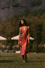 The Caroline Dress in Birds of a Feather Maroon. 