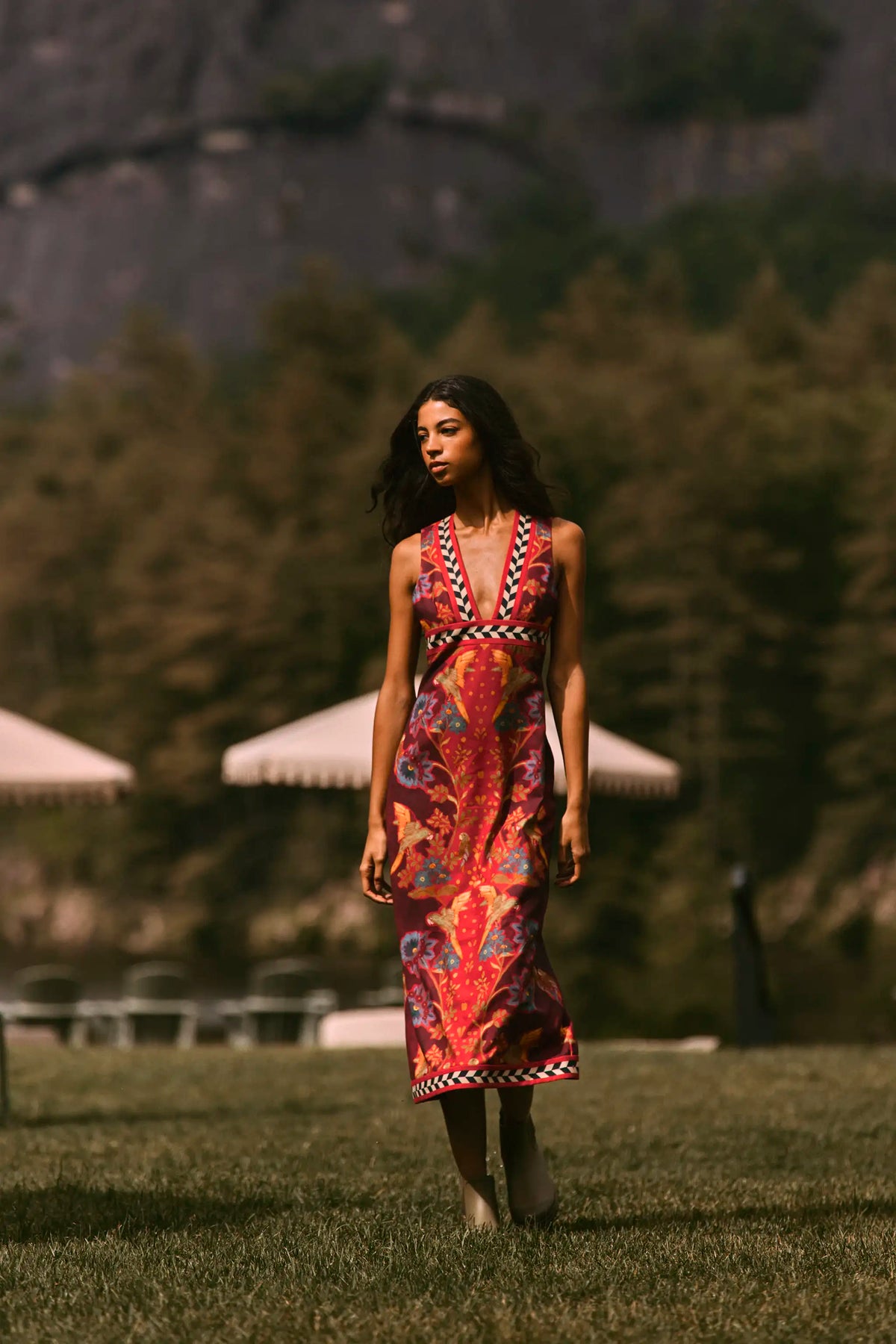 The Caroline Dress in Birds of a Feather Maroon. 