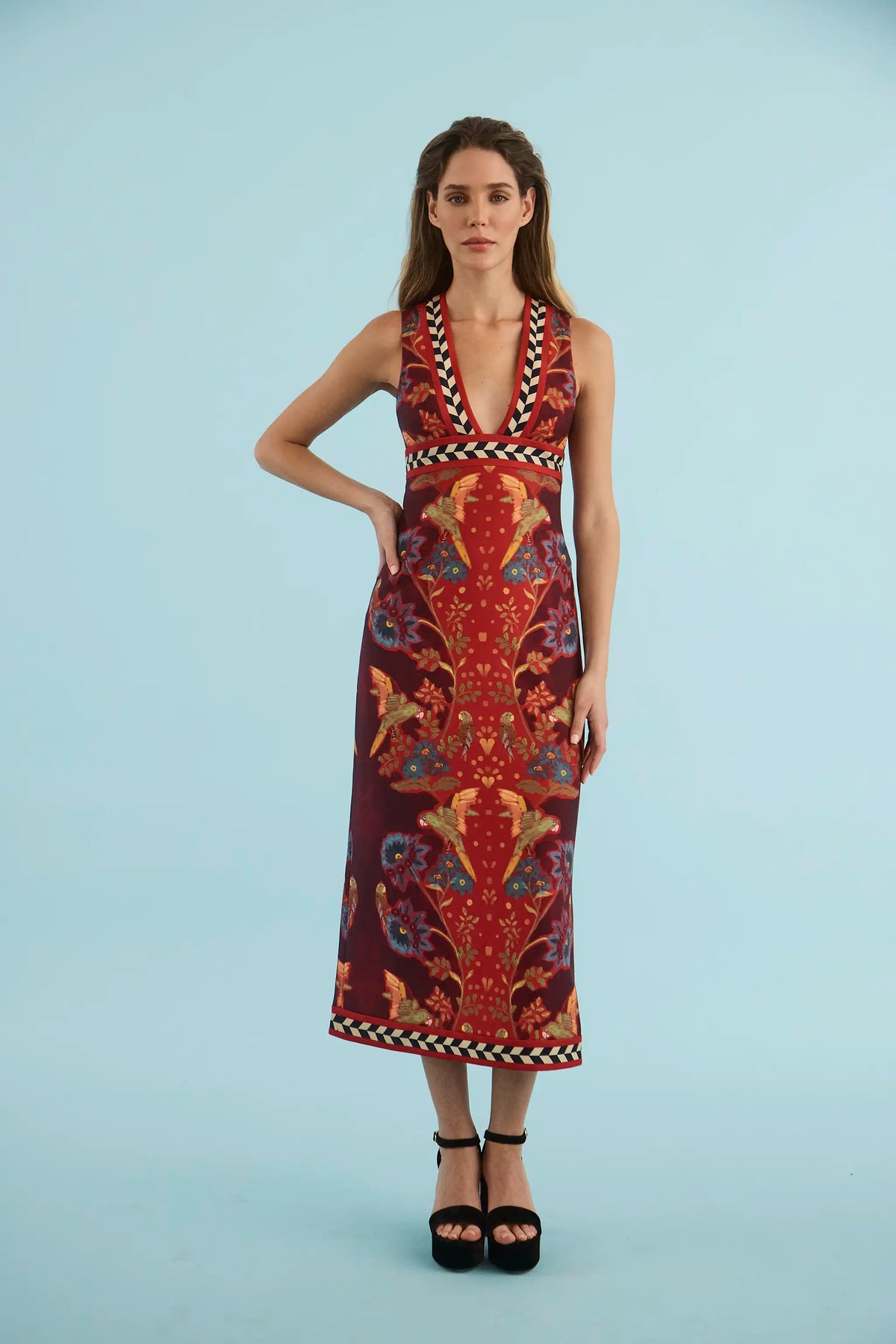 The Caroline Dress in Birds of a Feather Maroon. 