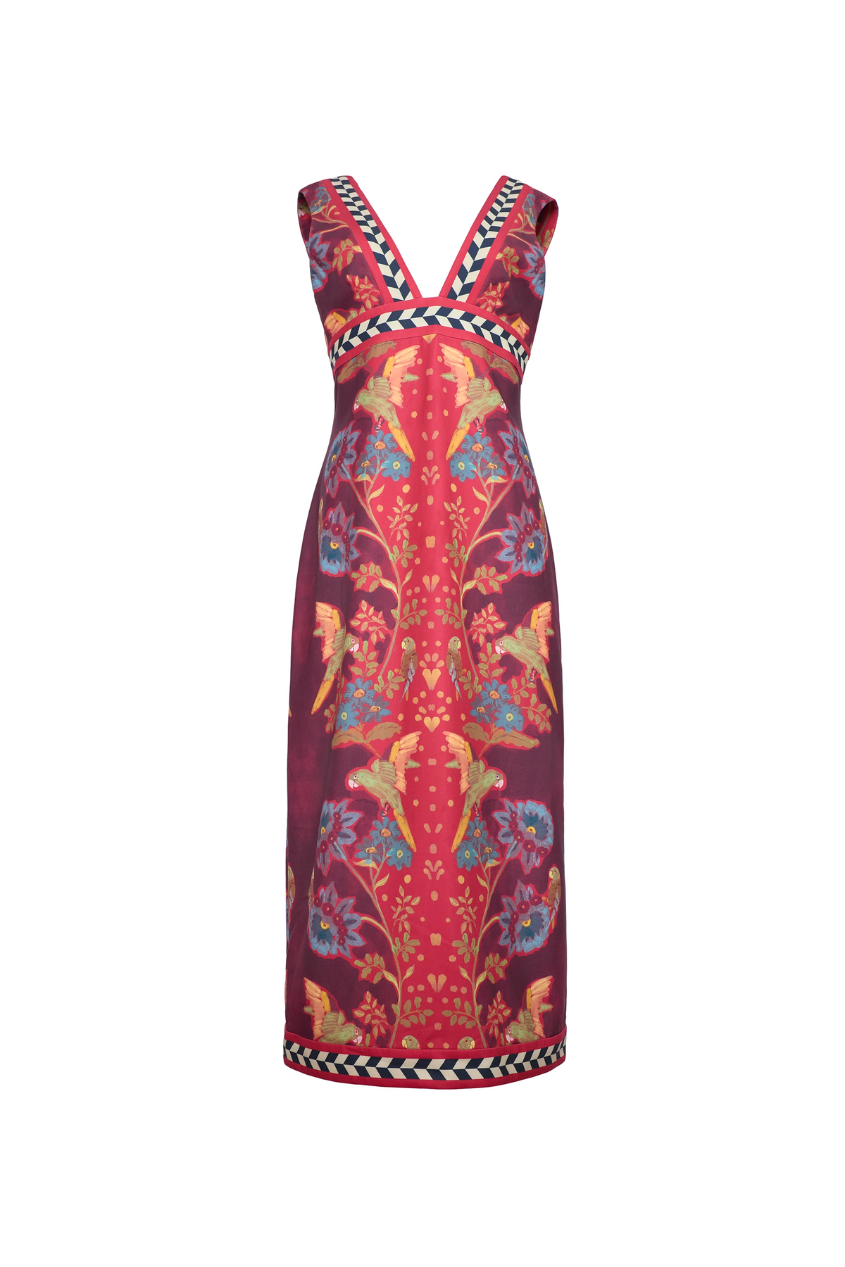 The Caroline Dress in Birds of a Feather Maroon. 