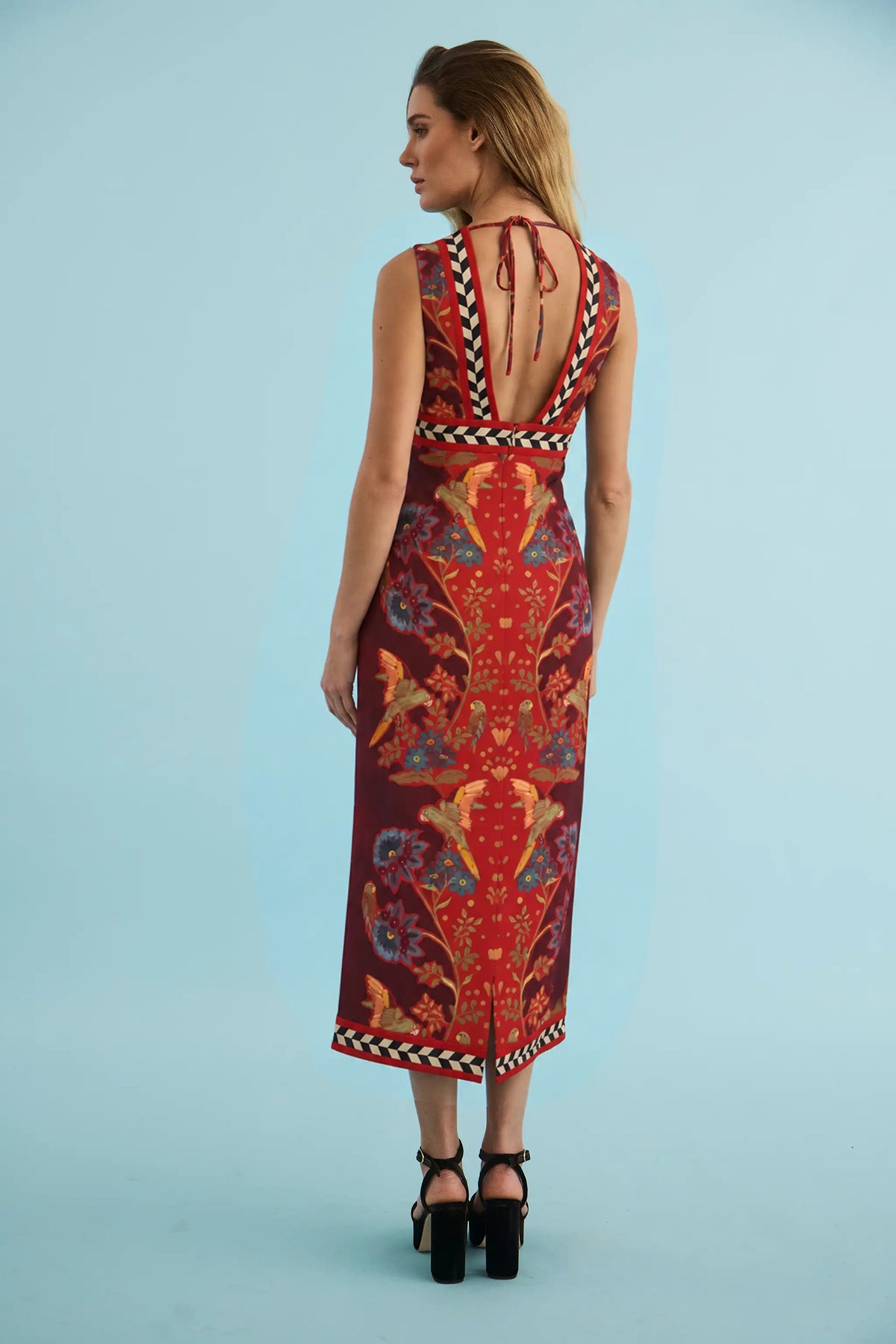 The Caroline Dress in Birds of a Feather Maroon. 