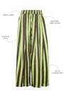 Close up of the Cyprus Pant, dark green & yellow striped pants with call outs.
