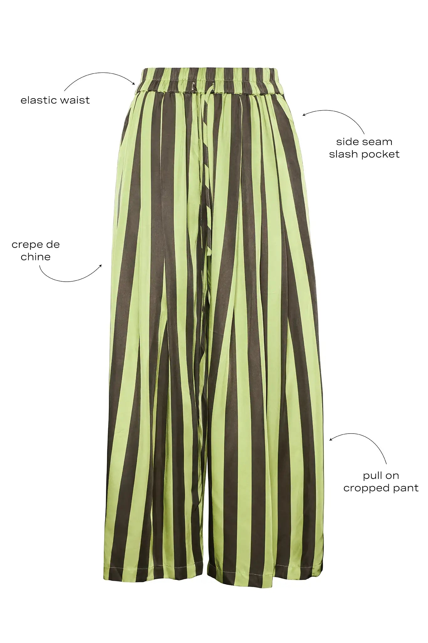 Close up of the Cyprus Pant, dark green & yellow striped pants with call outs.
