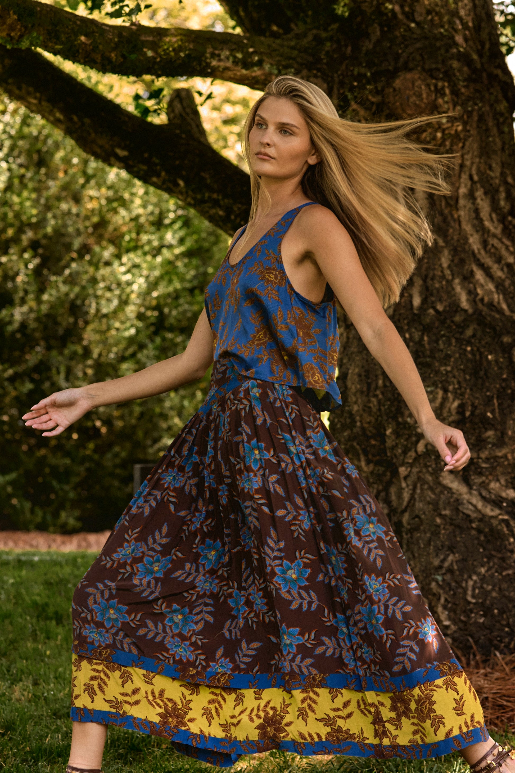 The Carsyn Tank in Wild Vine Blue paired with Berkman Skirt in Wild Vine Brown. 