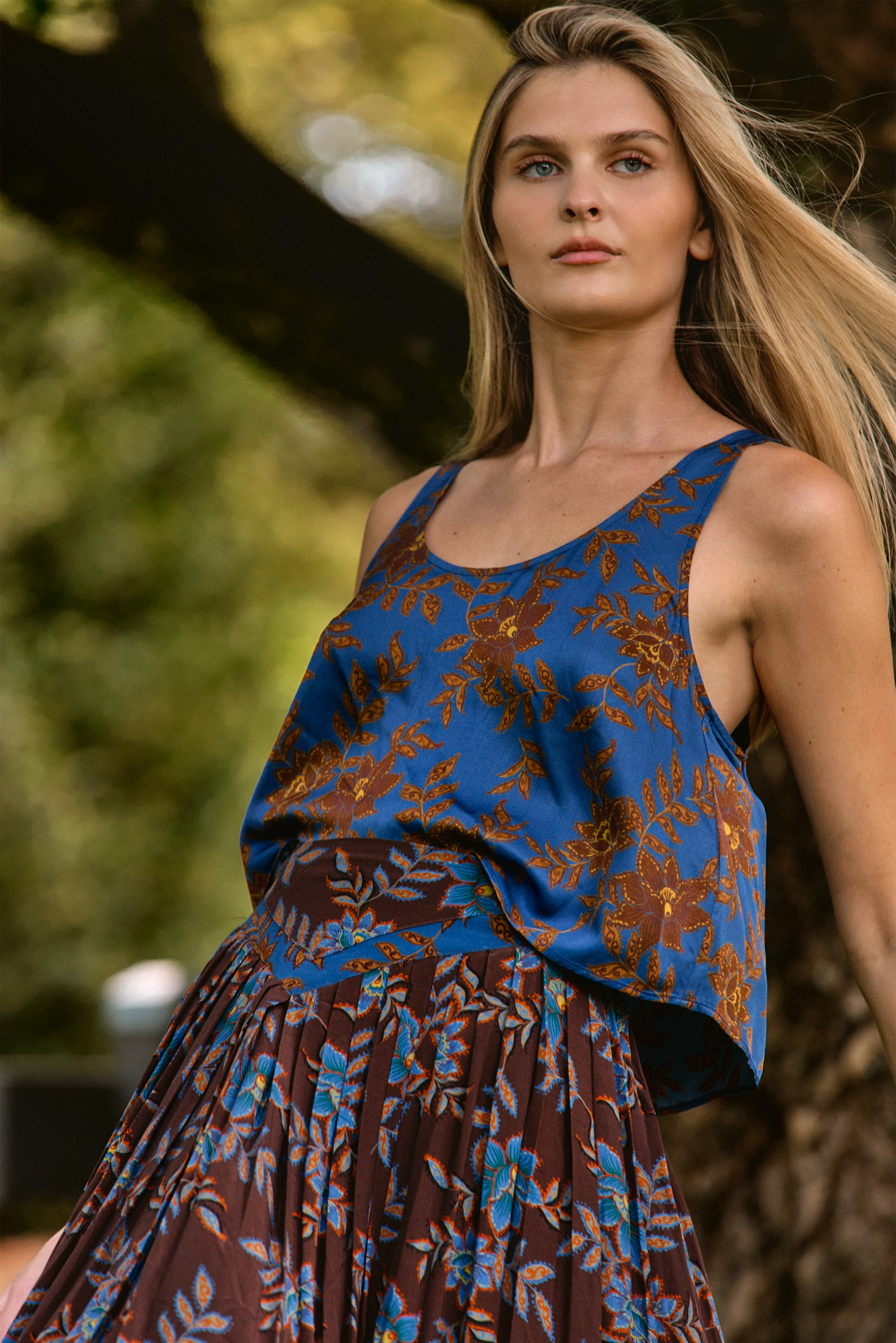 The Carsyn Tank in Wild Vine Blue paired with Berkman Skirt in Wild Vine Brown. 
