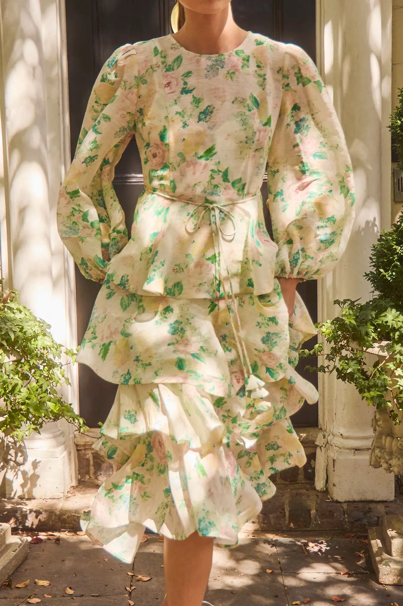 The Chelsea Dress, multi-tiered silk linen dress, in our Garden Rose Peony print.