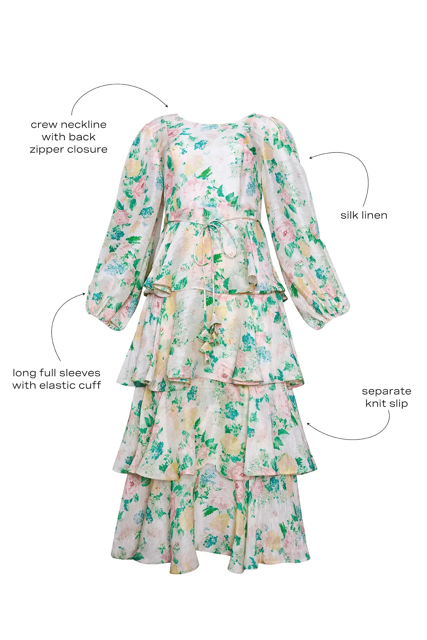 The Chelsea Dress, multi-tiered silk linen dress, in our Garden Rose Peony print with call outs.