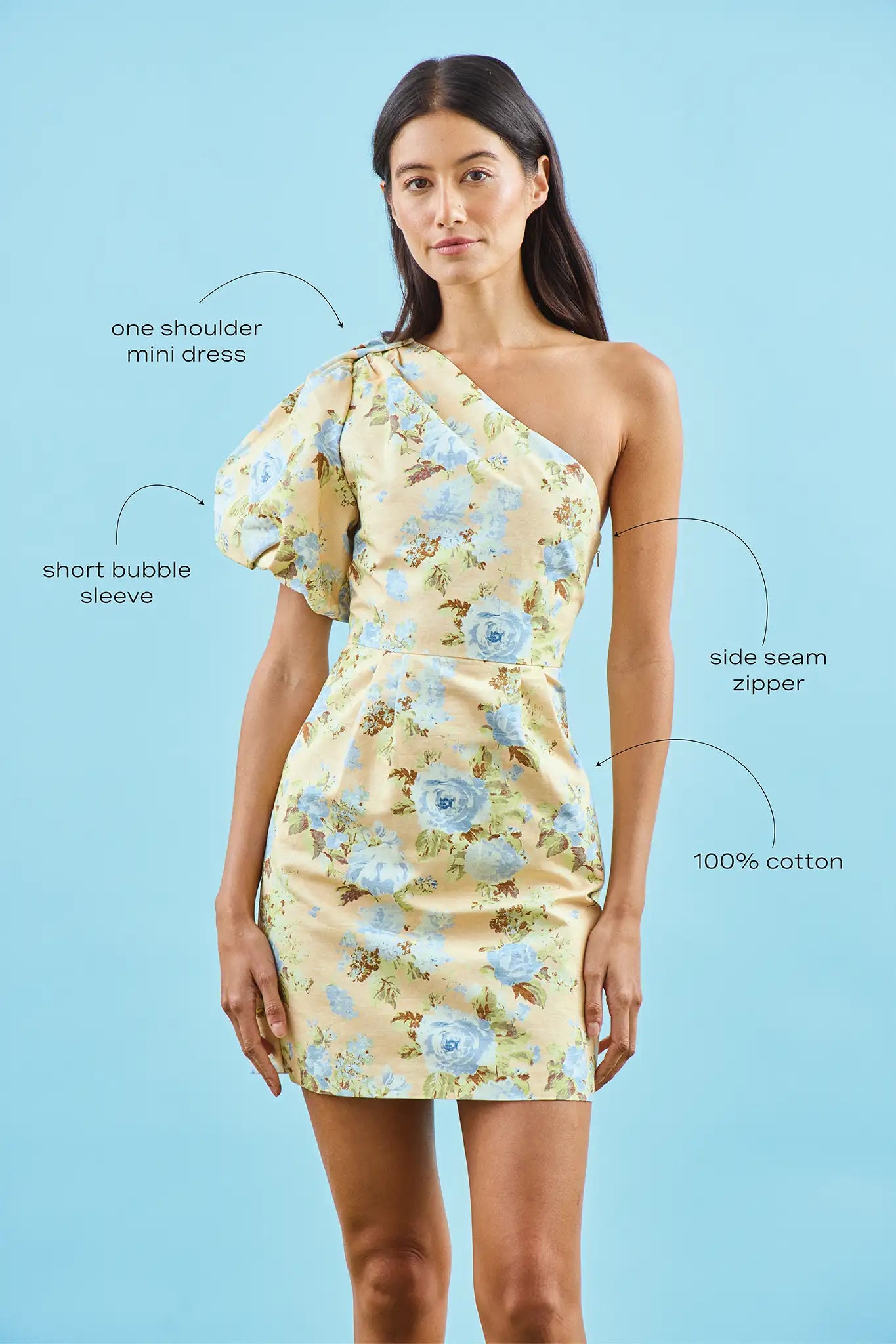 The Chloe Dress, one shoulder mini formal dress, in Garden Rose Periwinkle with call outs.