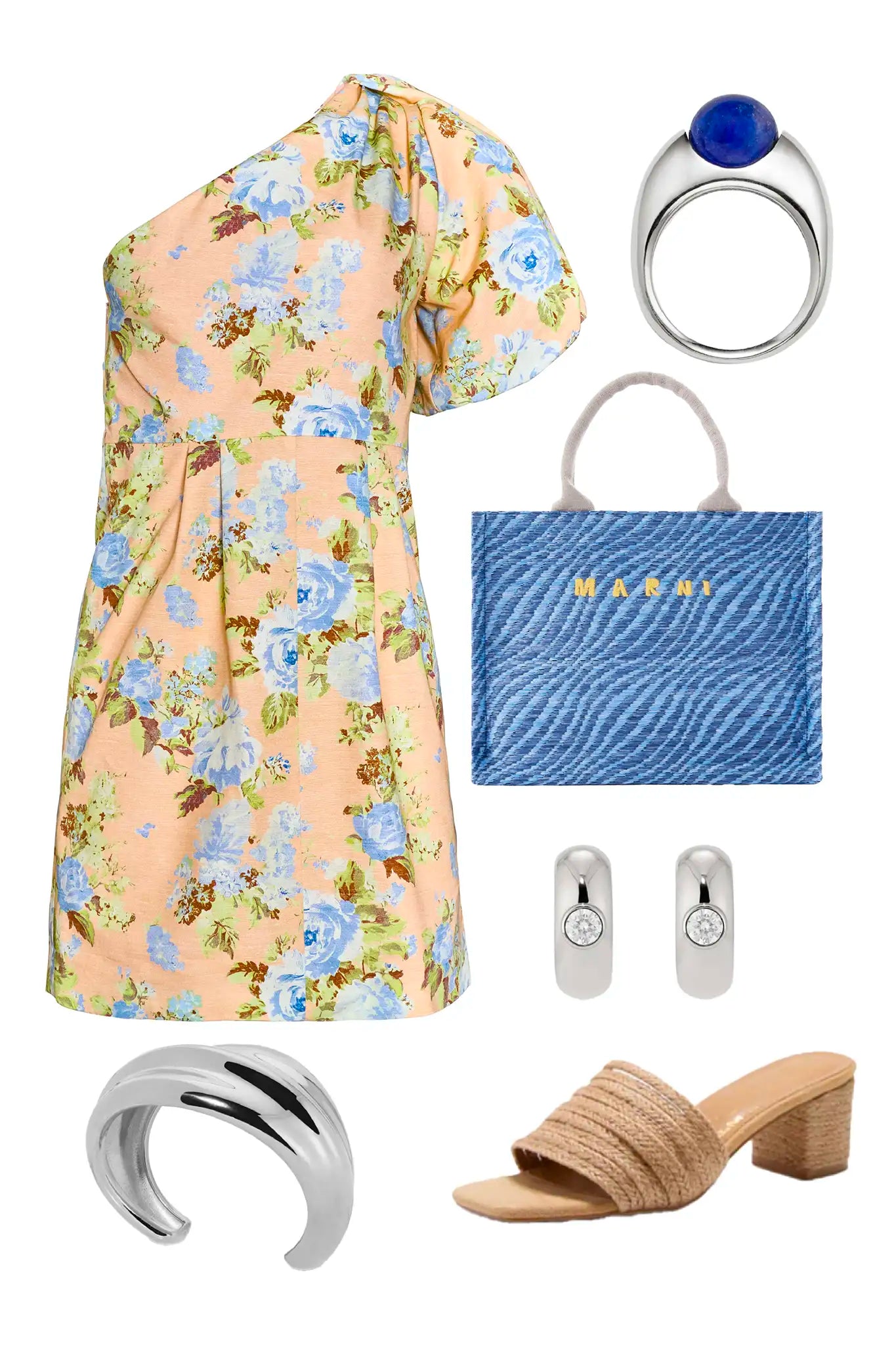 The Chloe Dress, one shoulder mini formal dress, in Garden Rose Periwinkle styled.