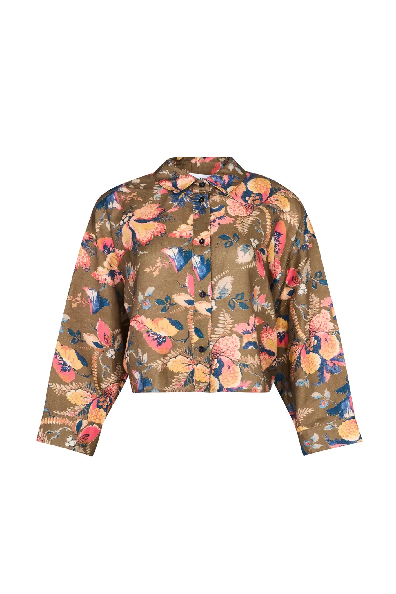Olive Floral print, boxy collared shirt with button front and wide cropped sleeves, and oversized.