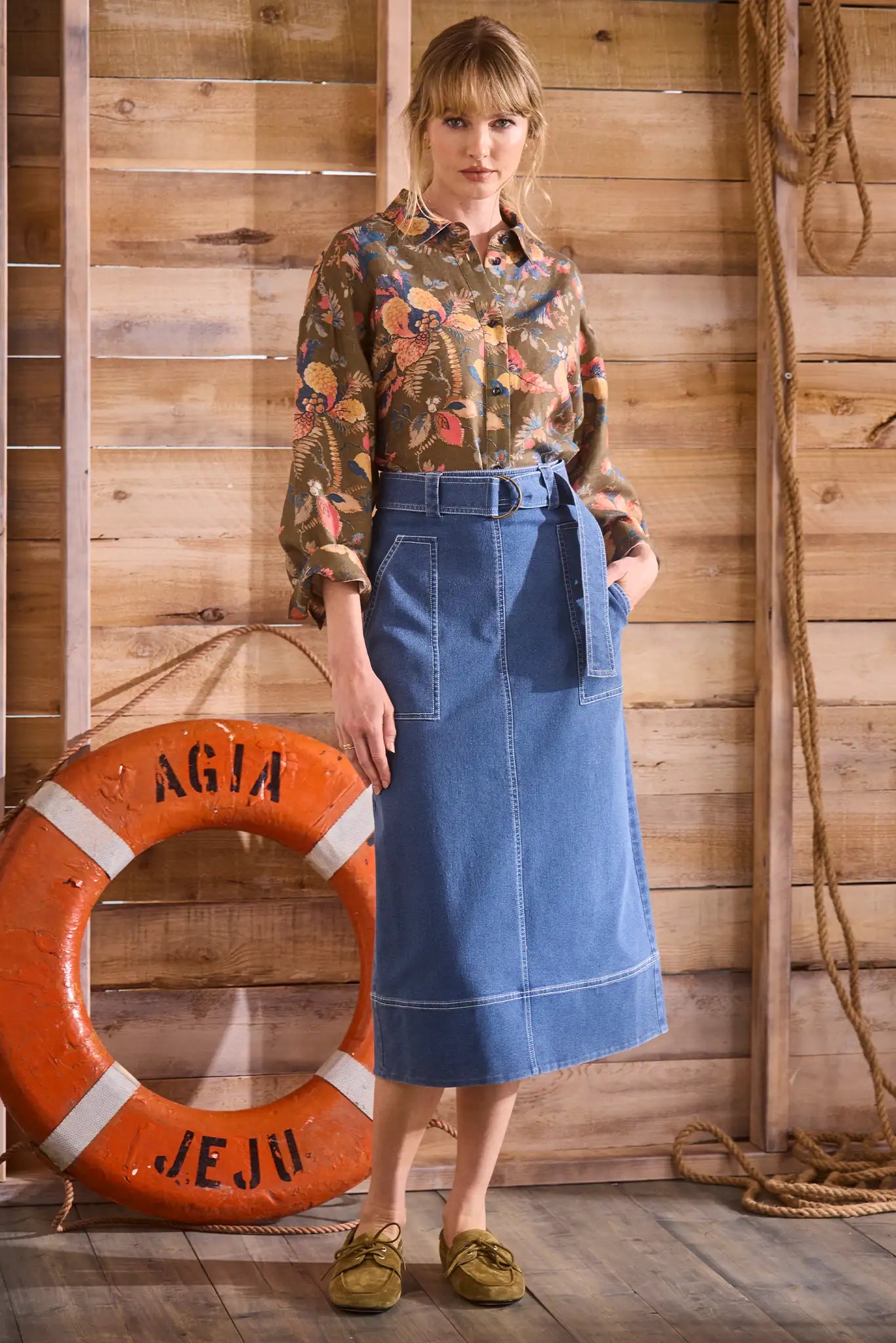 Olive Floral print, boxy collared shirt with button front and wide cropped sleeves, and oversized.