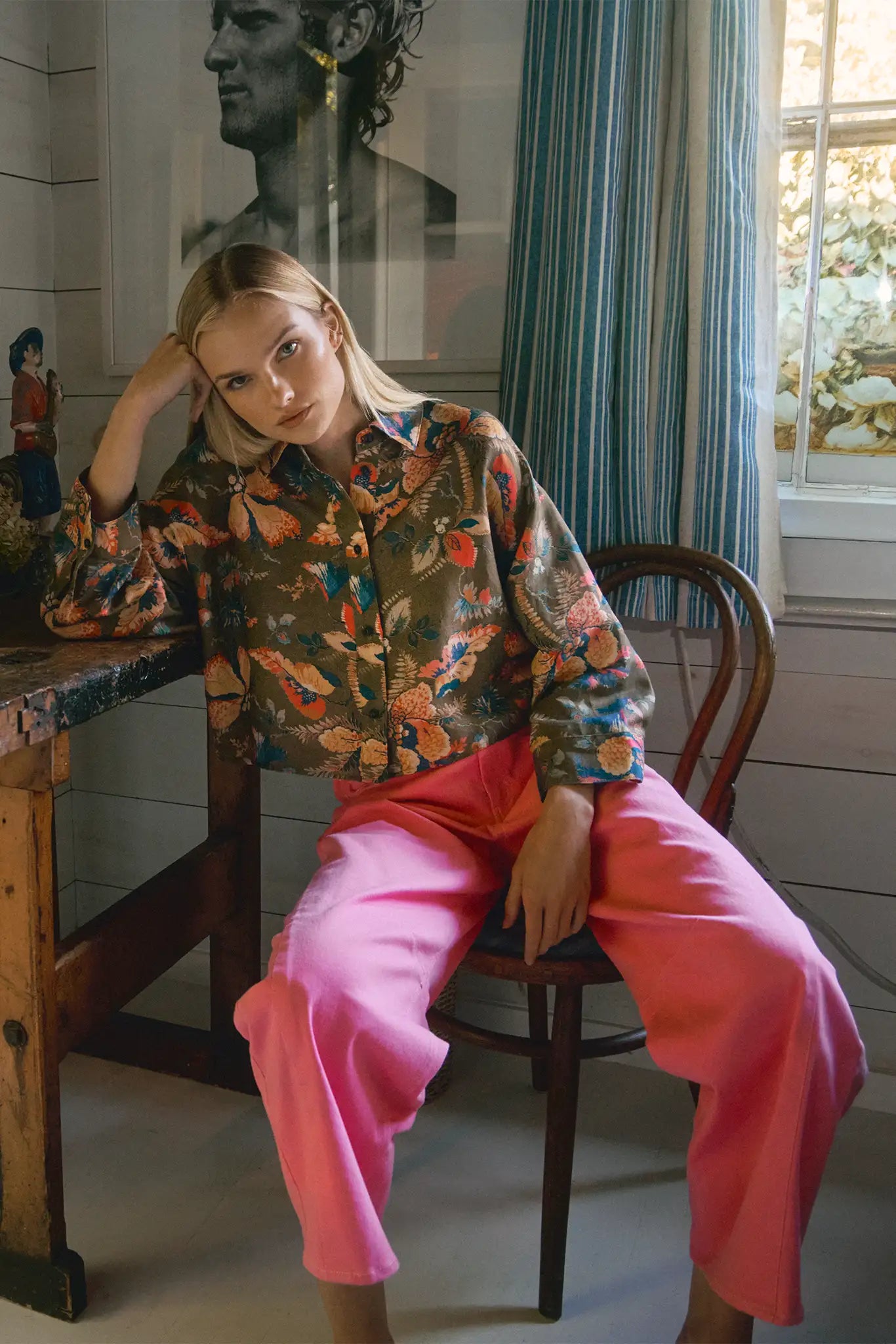 Olive Floral print, boxy collared shirt with button front and wide cropped sleeves, and oversized.