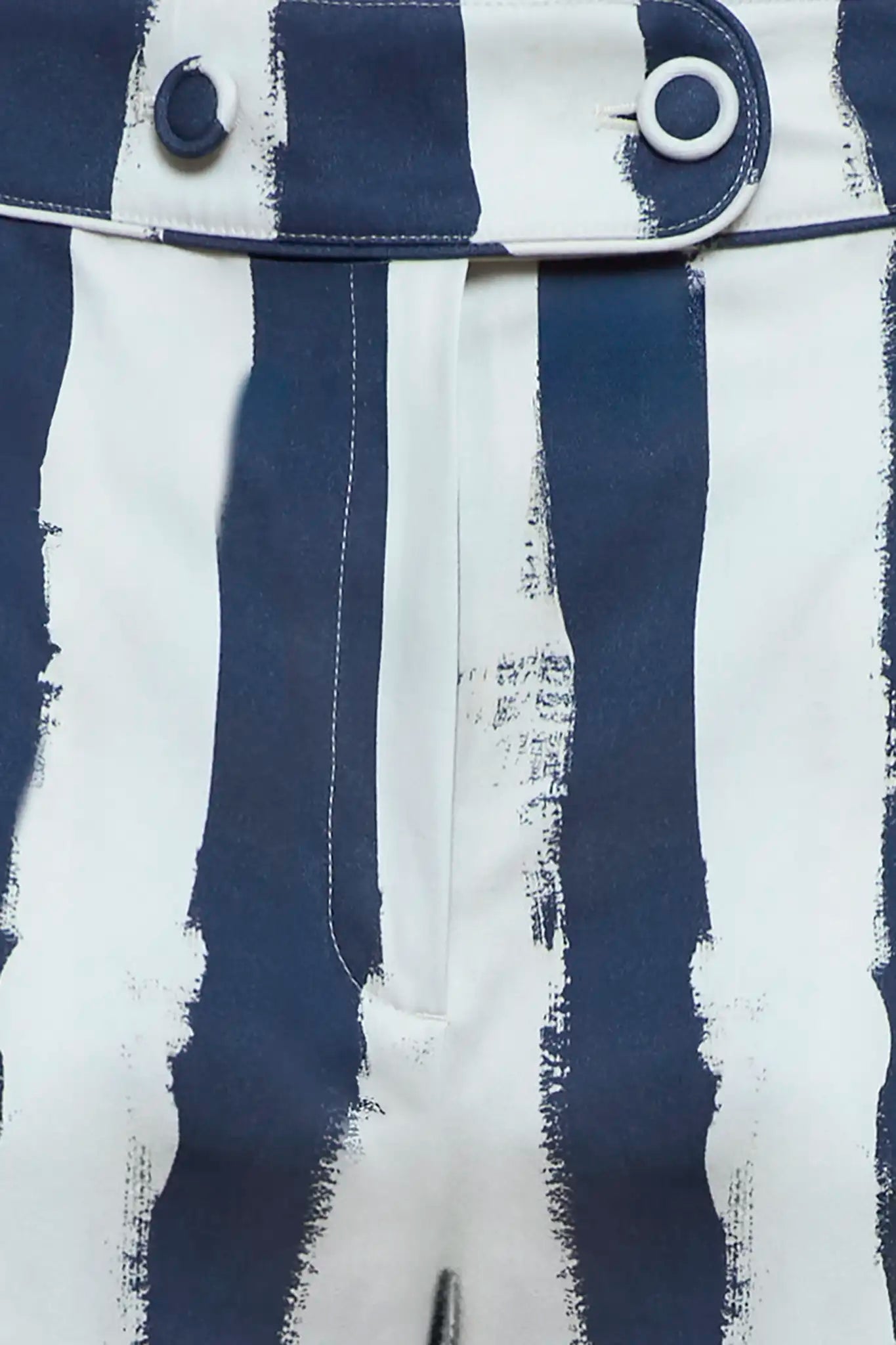 Close up of the Juno Pant in Lighthouse Navy Stripe.
