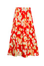 A full-length pleated orange and yellow printed skirt with a fixed waistband and functional pockets.