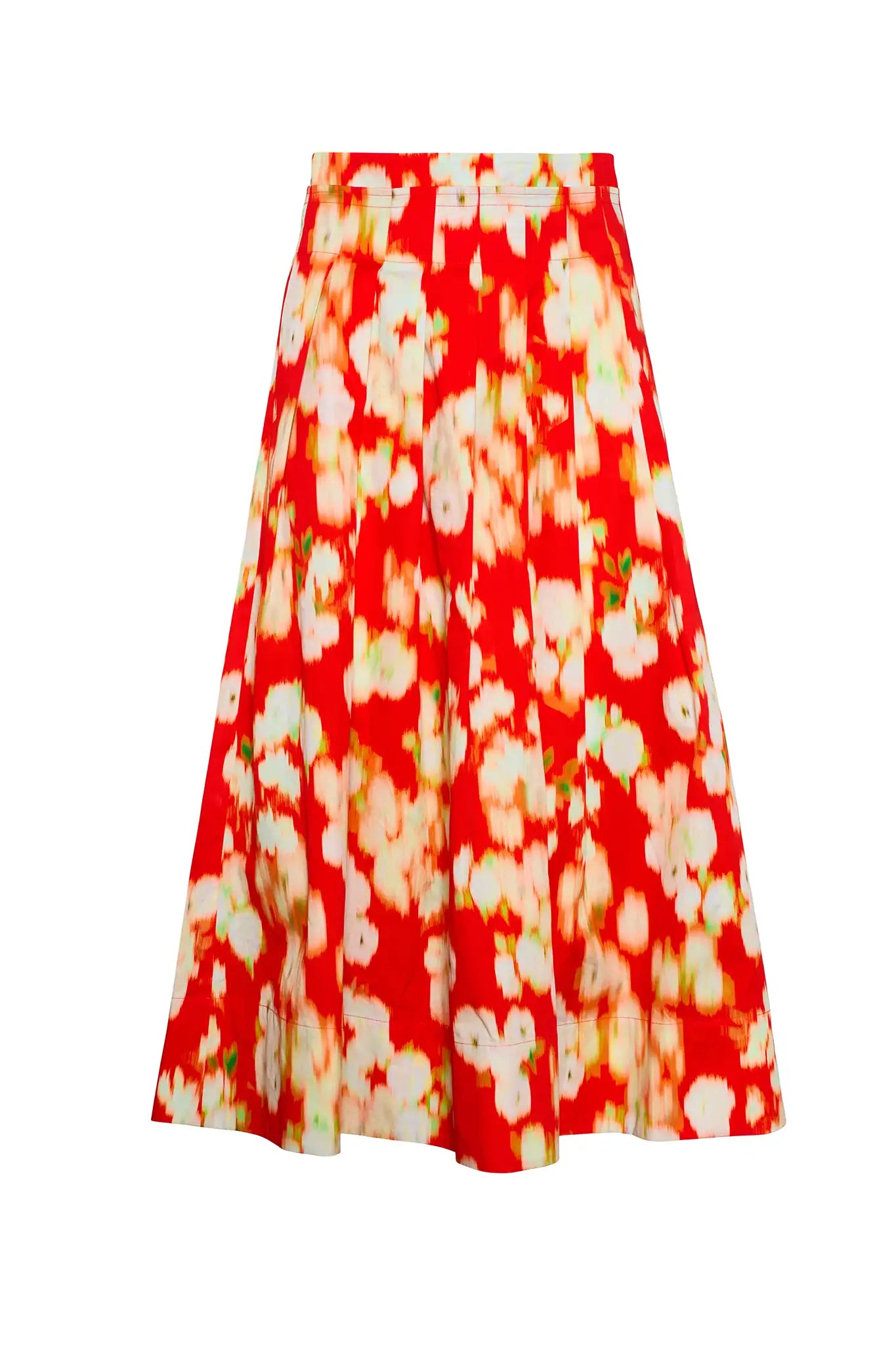 A full-length pleated orange and yellow printed skirt with a fixed waistband and functional pockets.