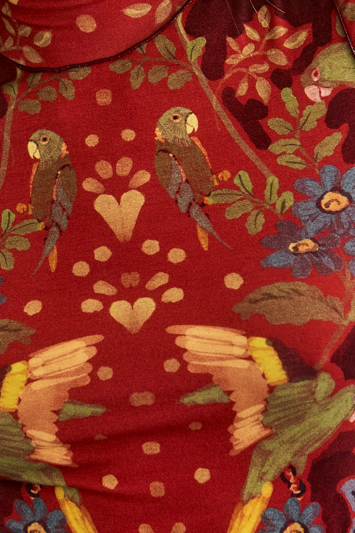 Close up of the Connor Top in Birds of a Feather Maroon. 