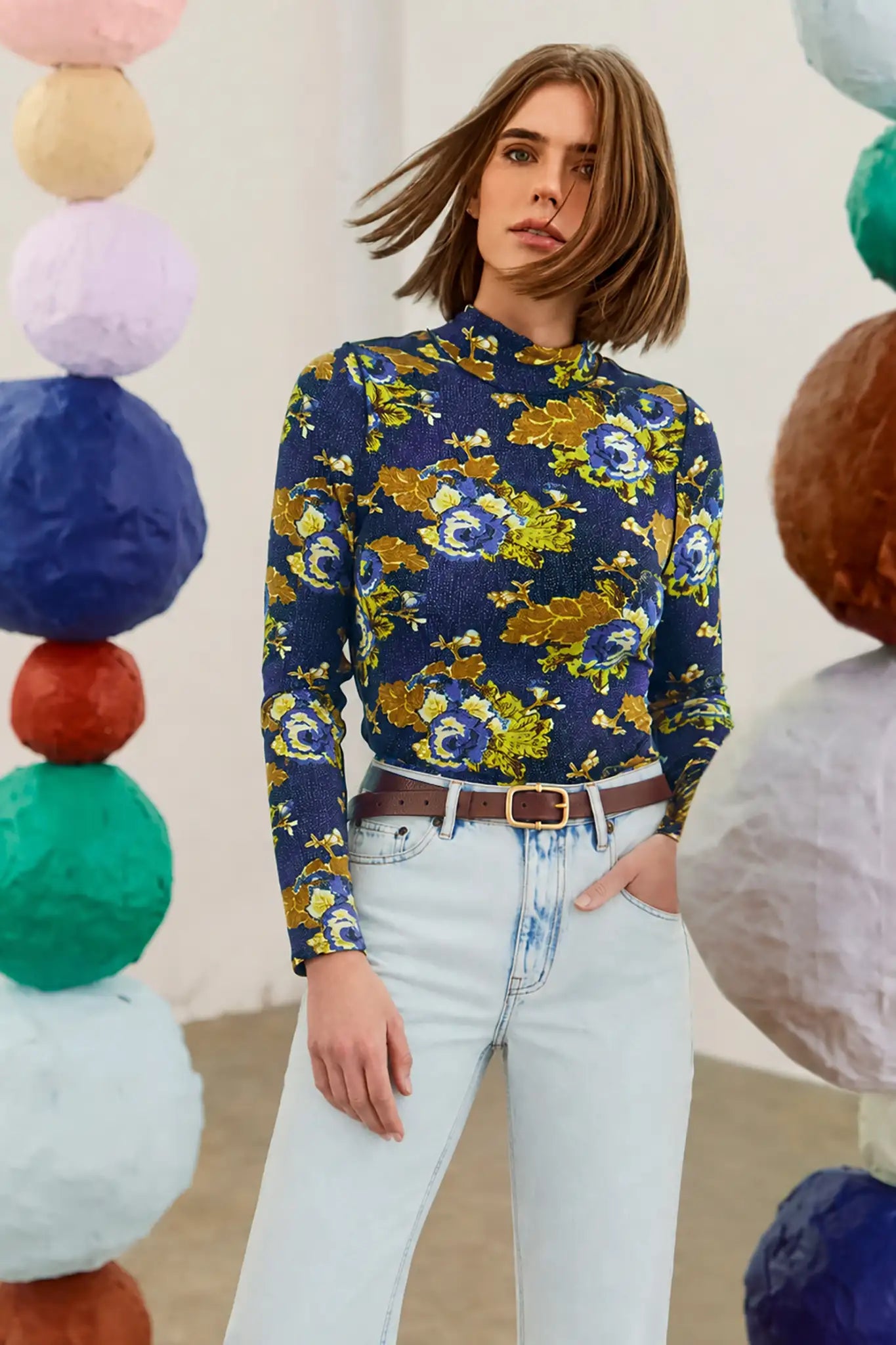 The Connor Top in Primrose paired with the Wray Pant in Washed Blue Denim.