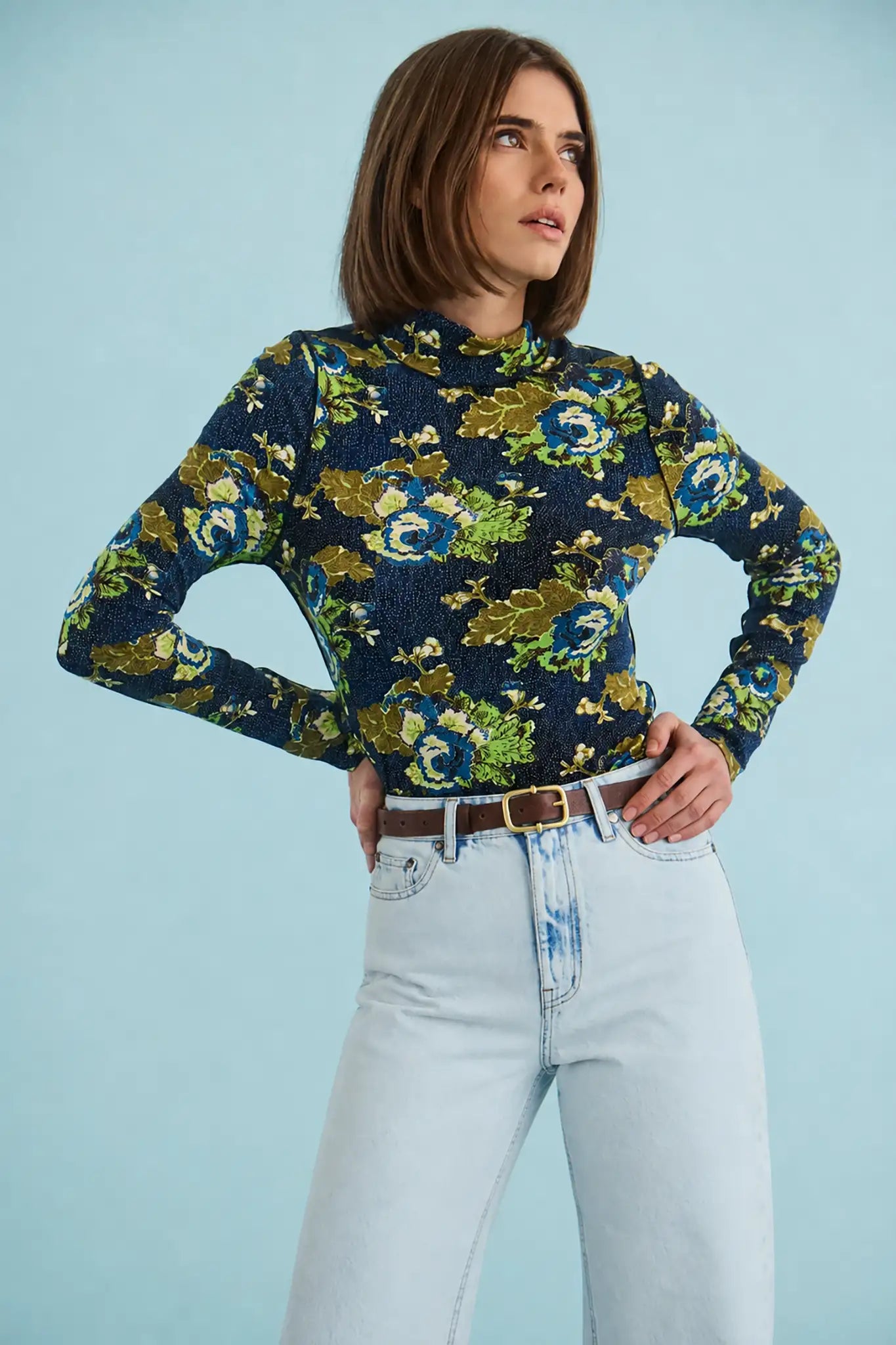 The Connor Top in Primrose paired with the Wray Pant in Washed Blue Denim.