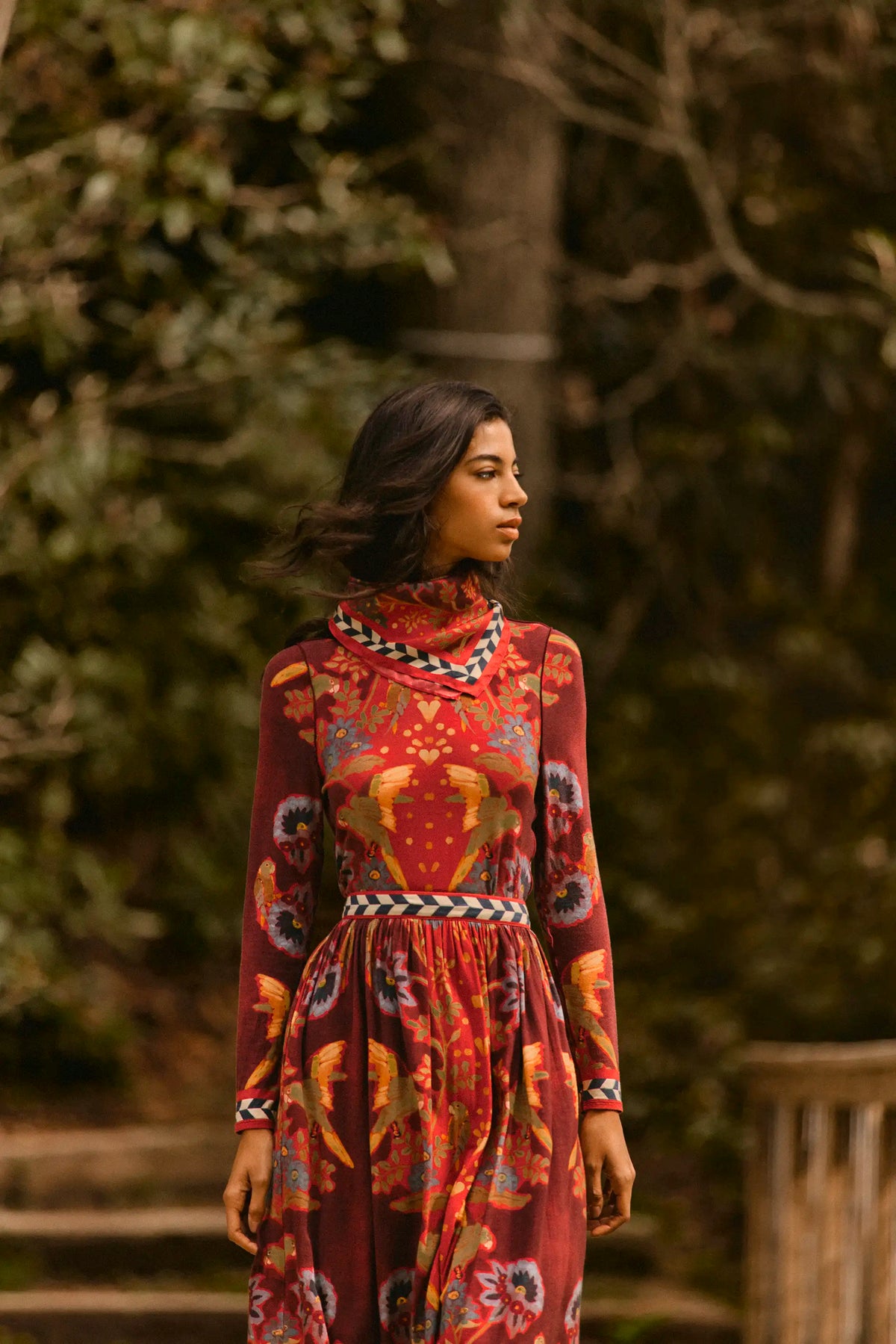 The Connor Top in Birds of a Feather Maroon paired with matching Wimberly Skirt. 