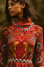 The Scarf in Birds of a Feather Maroon paired with the matching Connor Top and Wimberley Skirt. 