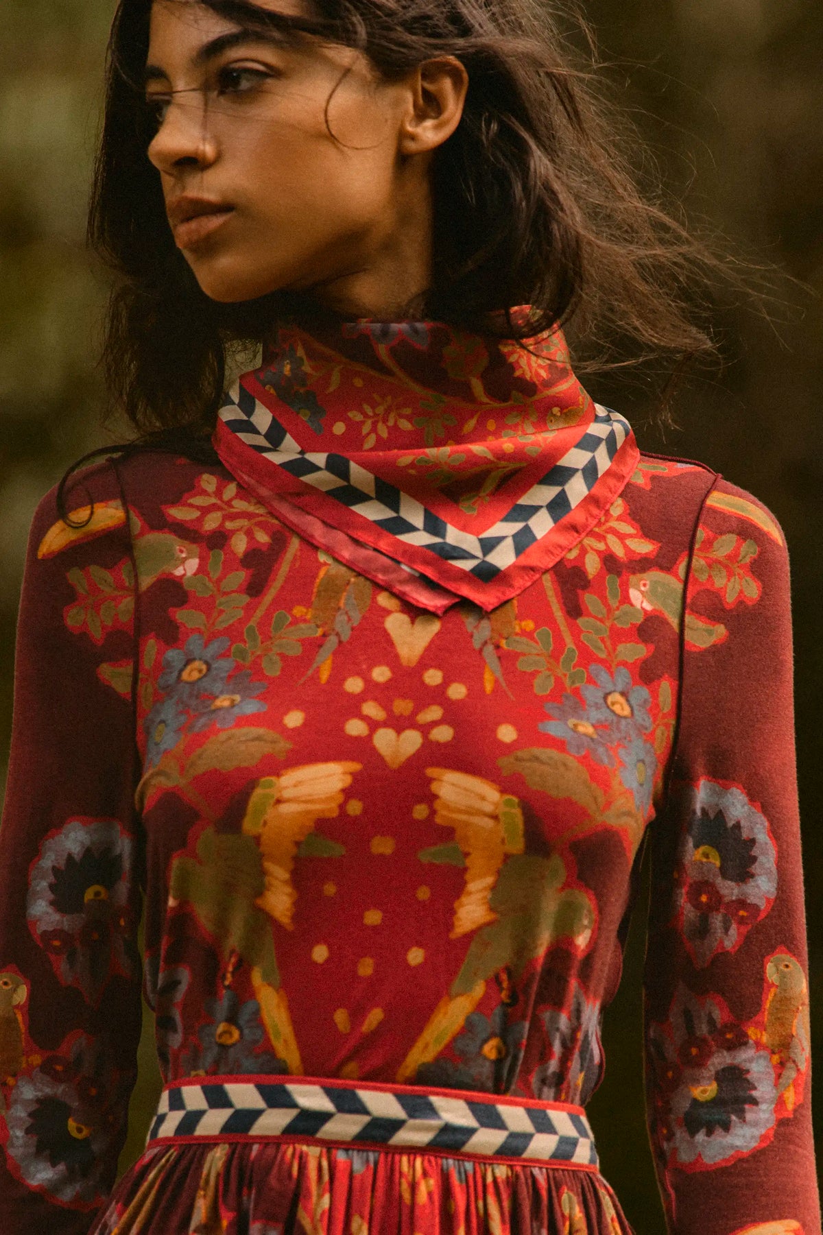 The Scarf in Birds of a Feather Maroon paired with the matching Connor Top and Wimberley Skirt. 