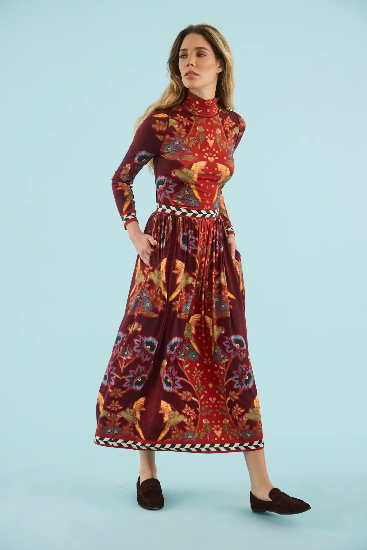 The Connor Top in Birds of a Feather Maroon paired with matching Wimberly Skirt. 