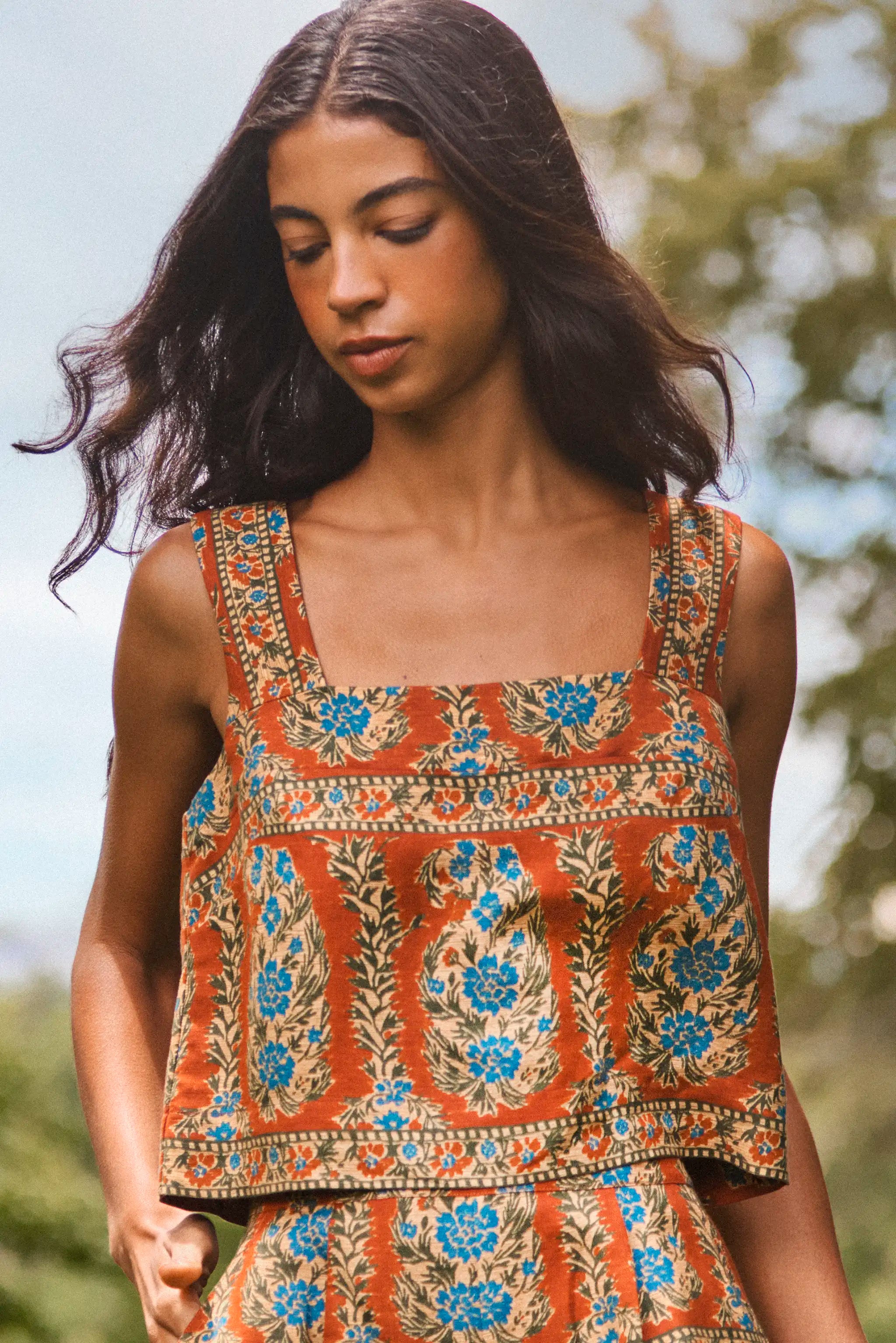 The Corby Top in Amber Glen Brown paired with matching shorts. 