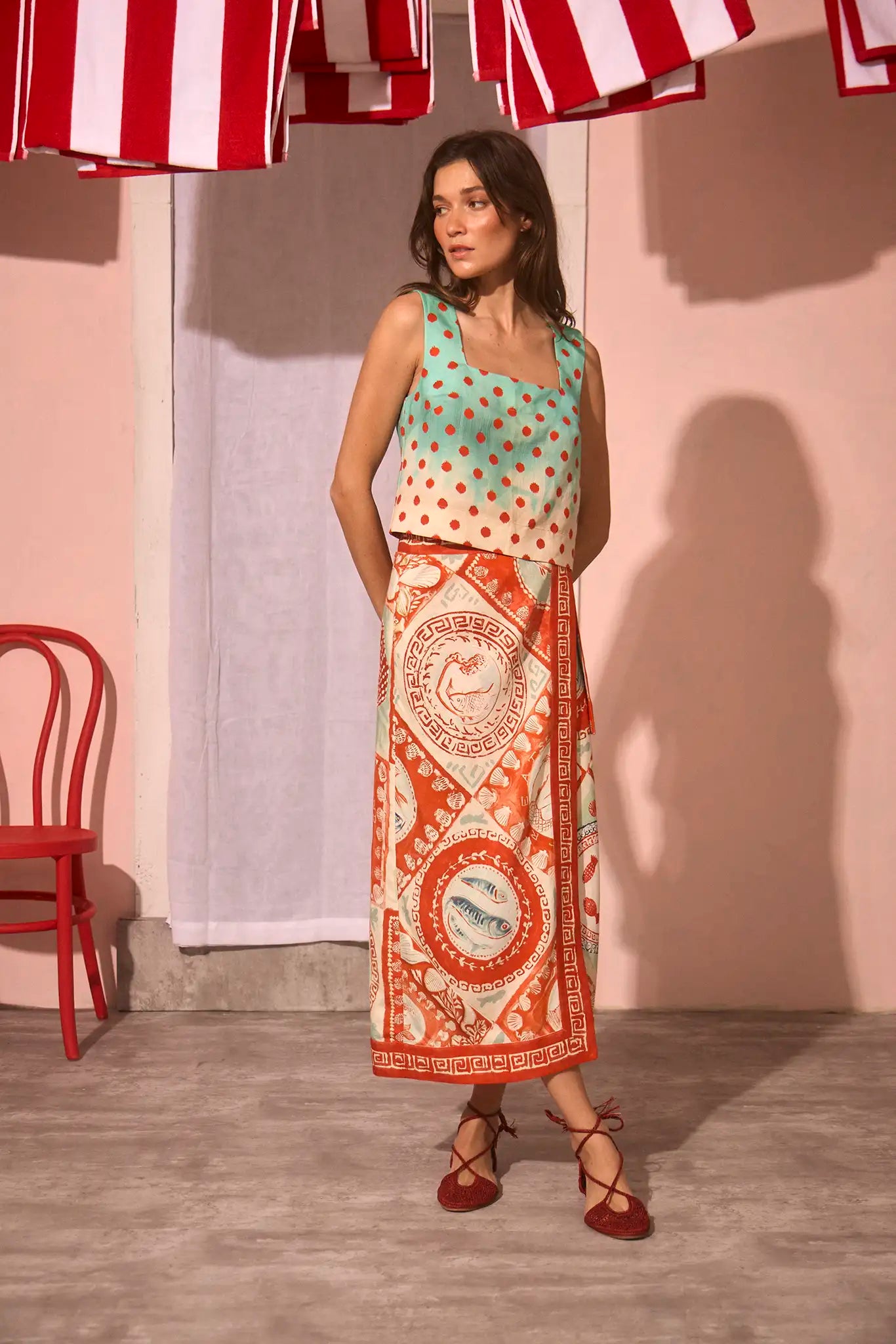 The Corby Top in Coral Reef Ombre paired with Paloma Wrap Skirt in Lost at Sea print.