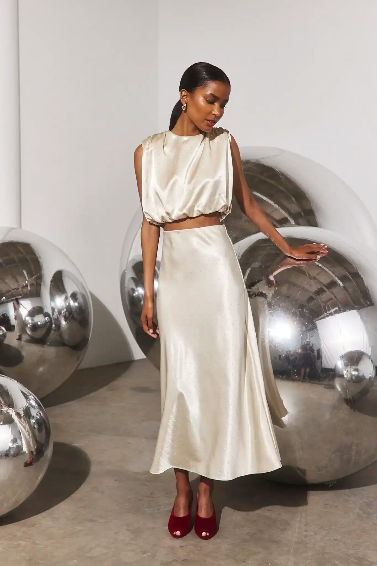 The Cosima Top in Champagne on Fifth paired with the matching Suki Skirt. 