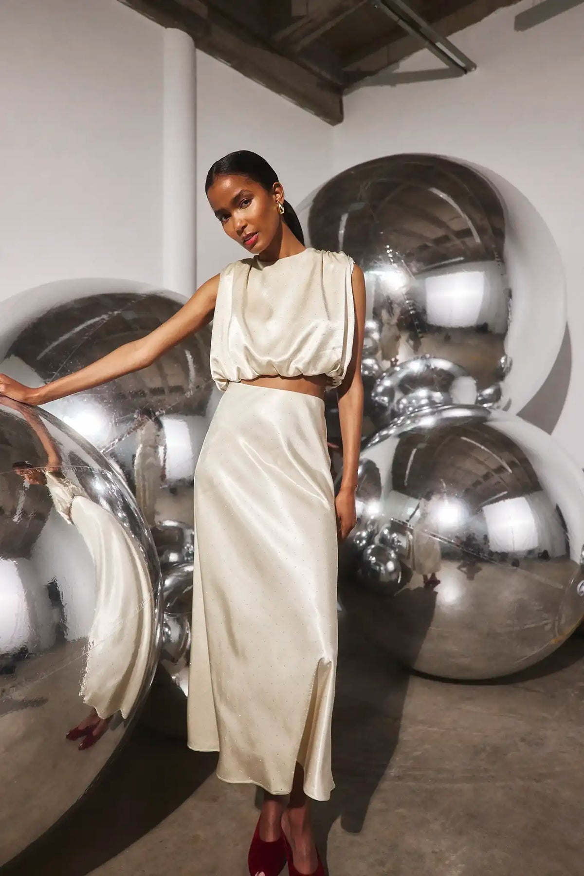 The Cosima Top in Champagne on Fifth paired with the matching Suki Skirt. 