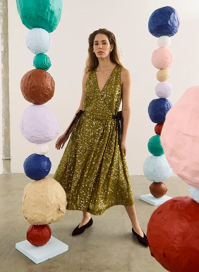 The Lisanne Dress in Moss Sequin. 