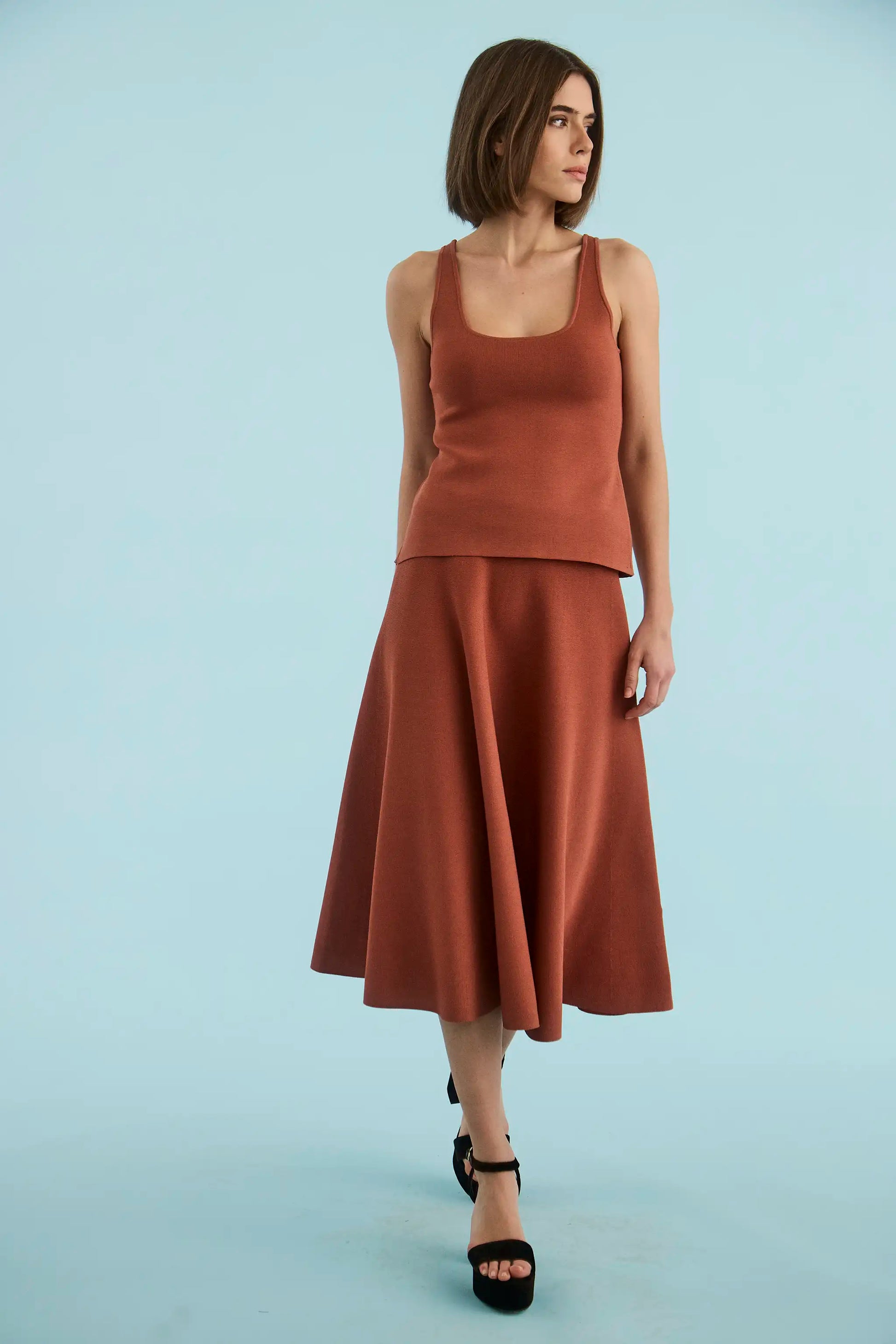 The Davis Cami in Rust paired with matching Joan Skirt. 