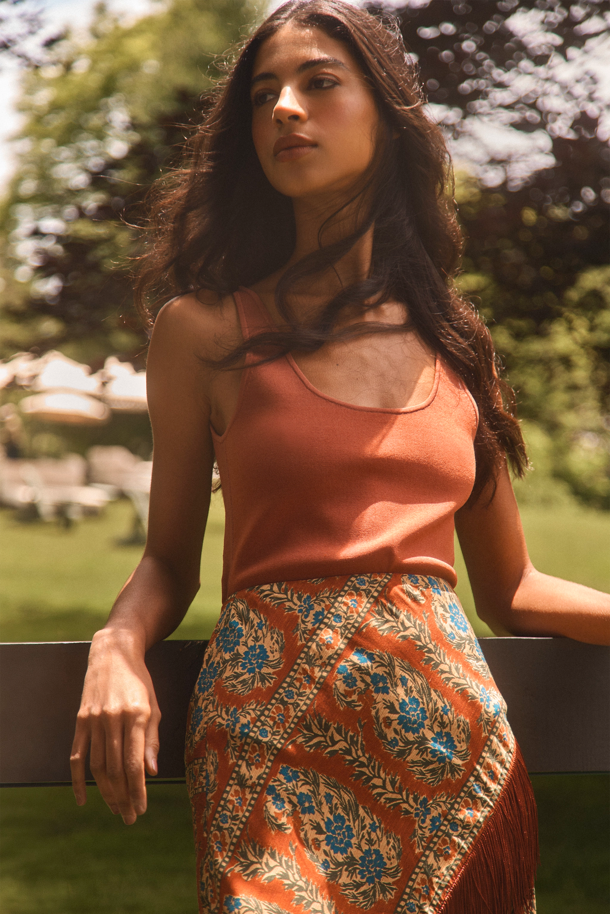 The Davis Cami paired with Allyne Skirt in Amber Glen Brown and matching scarf.