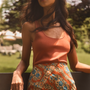 The Davis Cami paired with Allyne Skirt in Amber Glen Brown and matching scarf.