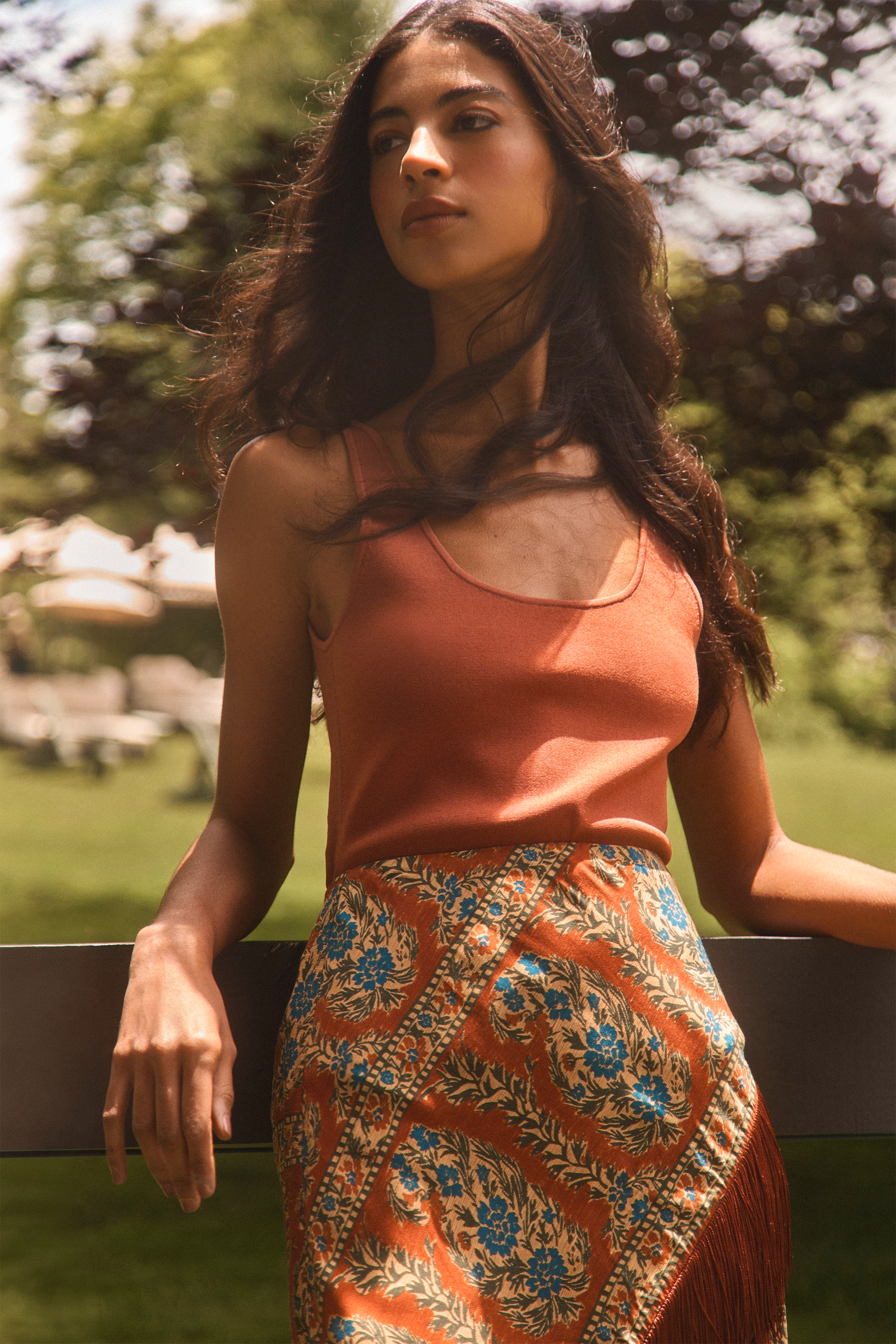 The Davis Cami paired with Allyne Skirt in Amber Glen Brown and matching scarf.
