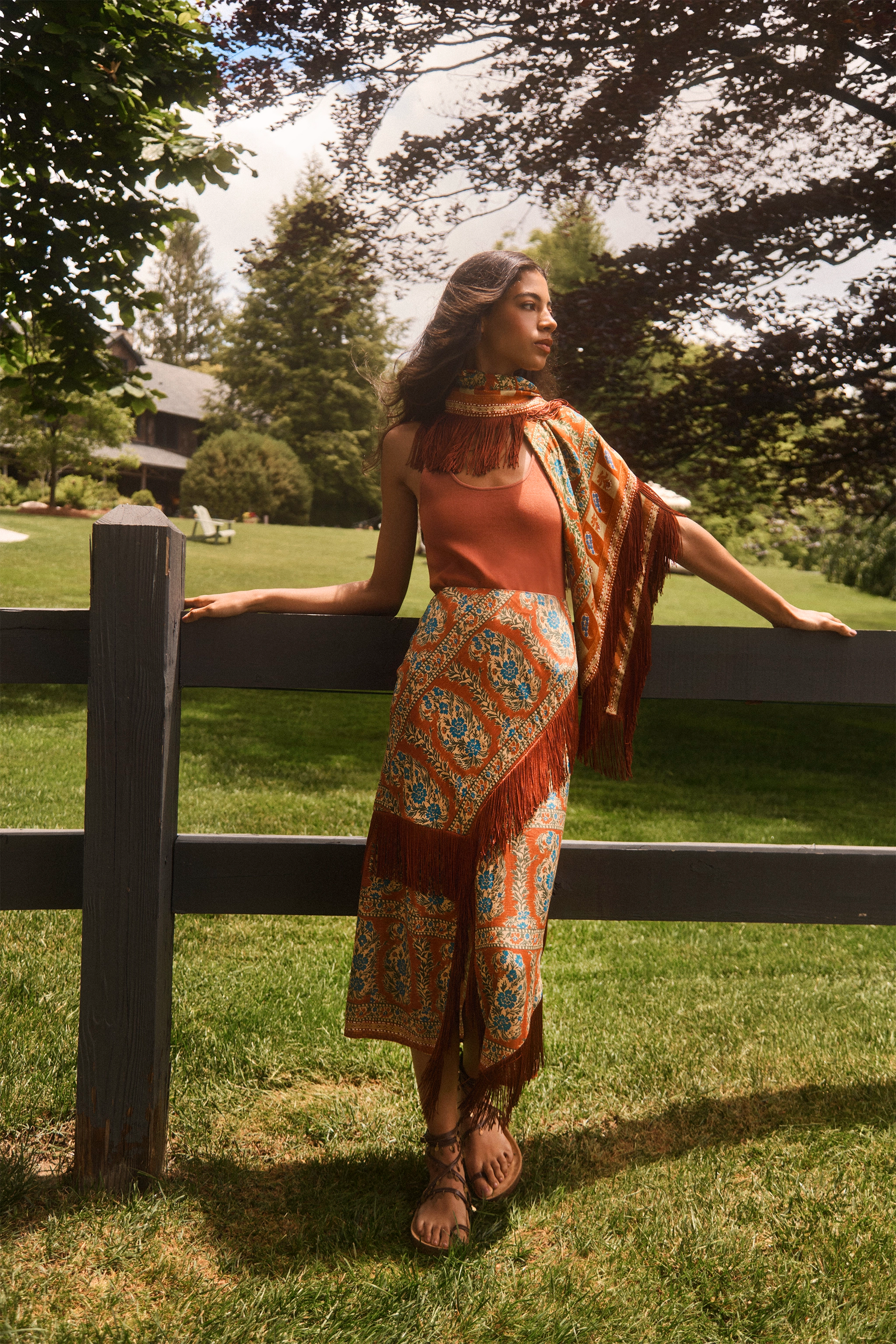 The Allyne Skirt in Amber Glen Brown paired with Davis Cami in Rust and matching scarf. 