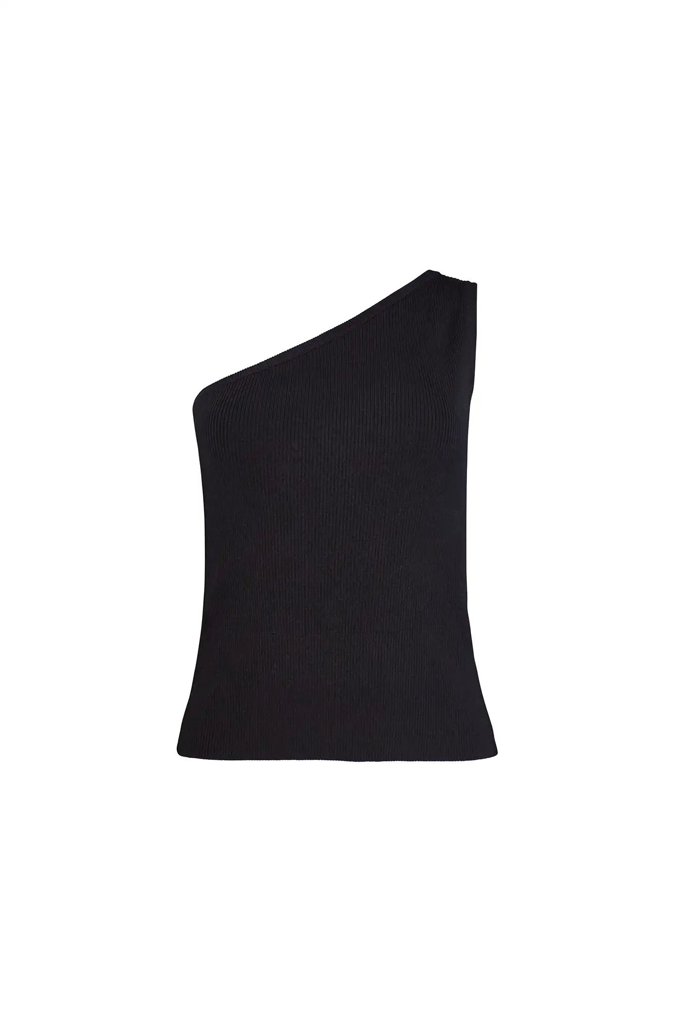 A black sleek one-shoulder knit tank.