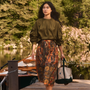 The Eli Top in Pine Grove paired with Fallon Skirt in highland tapestry. 