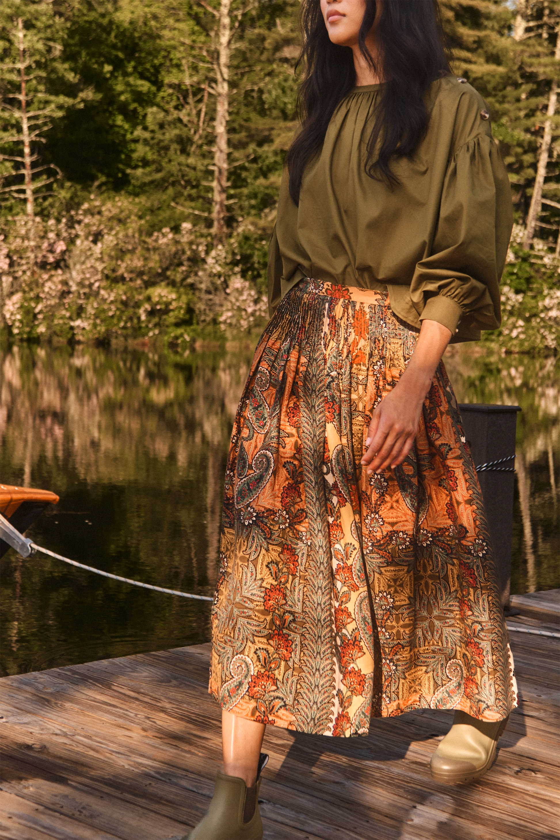 The Eli Top in pine grove with Fallon Skirt in highland tapestry. 