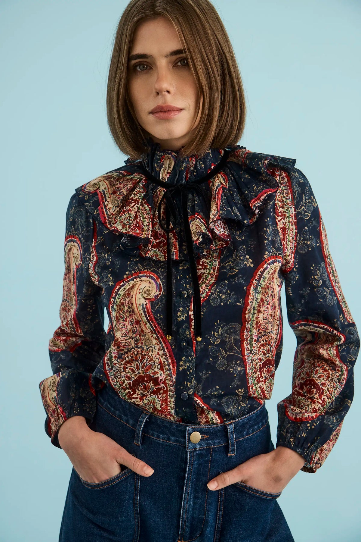 The Eloise Top in Twilight Paisley paired with the Mallory Jean in Blue Ridge Denim. 