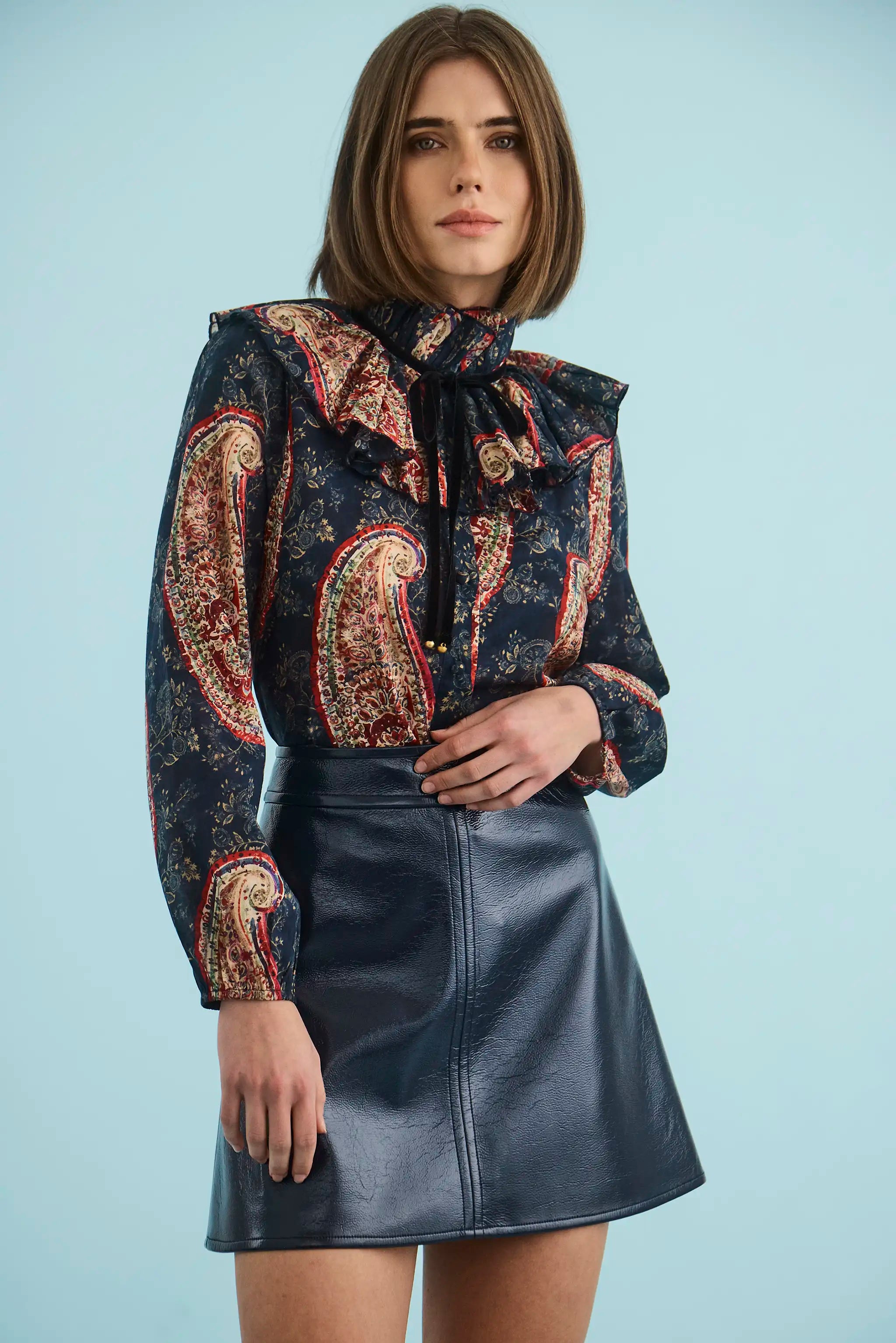 The Eloise Top in Twilight Paisley paired with the Meeghan Skirt in Navy. 