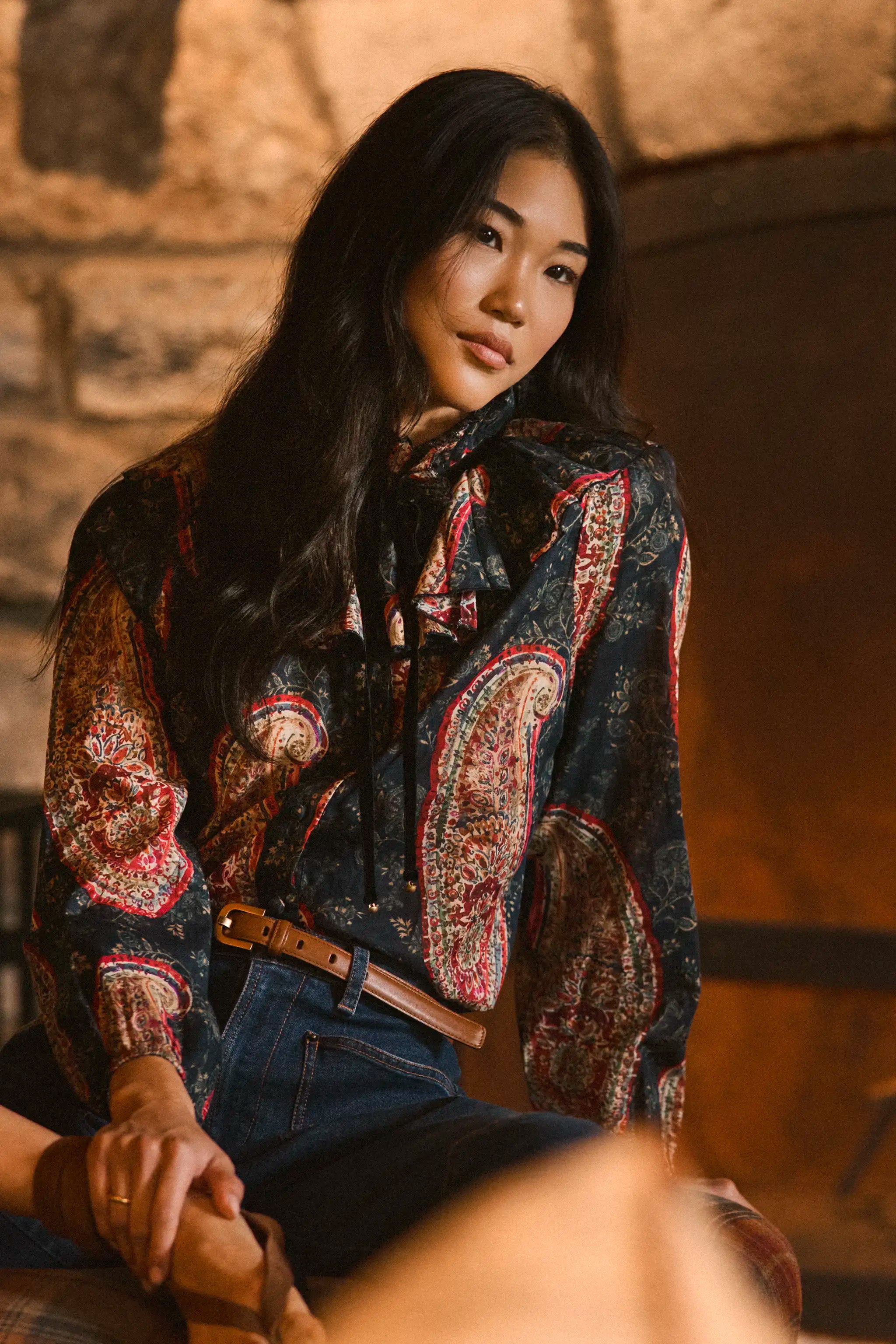 The Eloise Top in Twilight Paisley paired with the Mallory Jean in Blue Ridge Denim. 