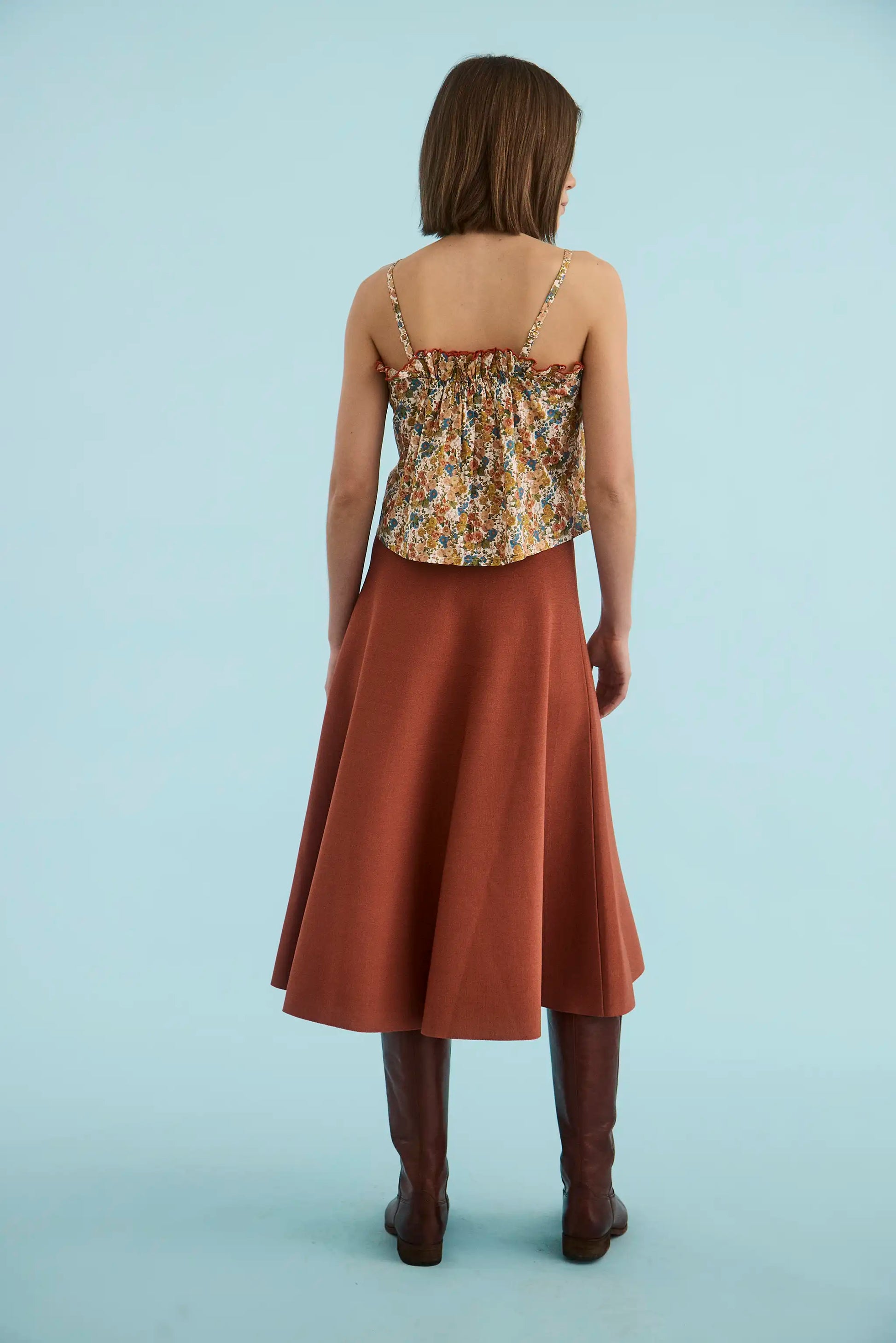 Back of the The Elwood Cami in Gertrude paired with the Joan Skirt in Rust. 