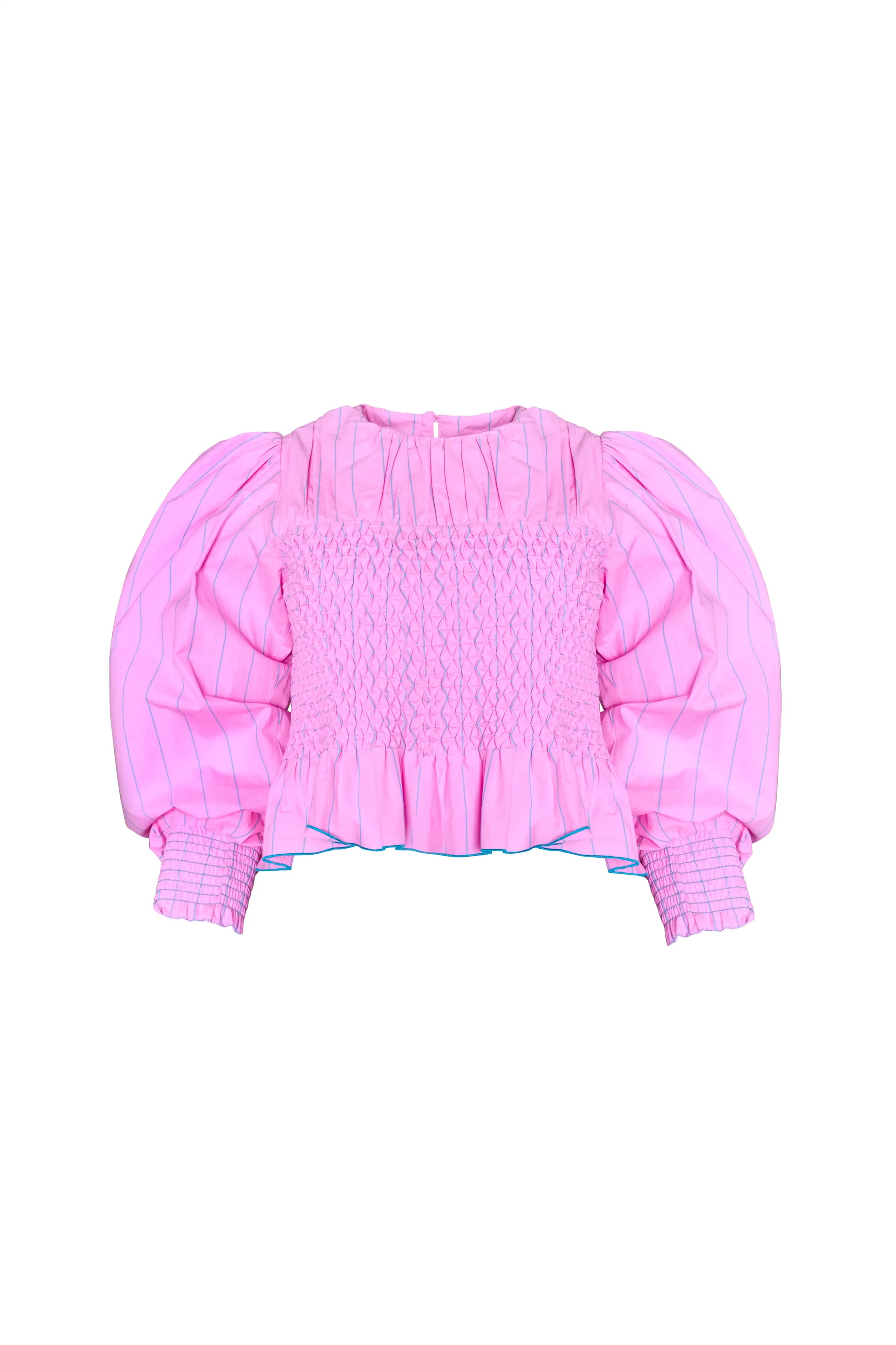 The Eubanks Top in Watermelon Stripe has a fitted bodice, puff sleeves, and smocked cuffs