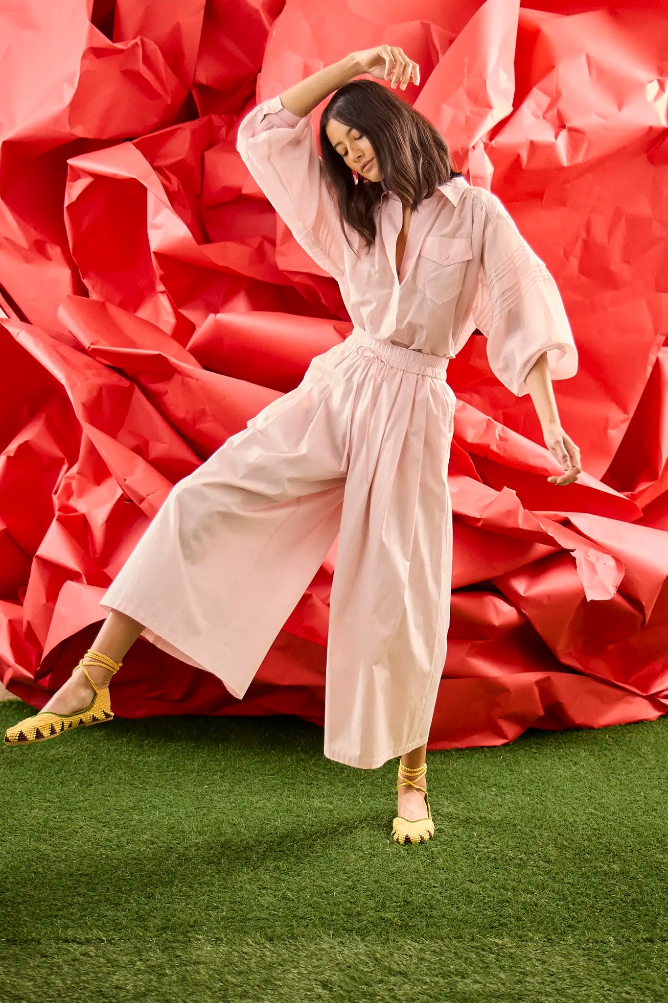 The Evangeline Shirt in Pink Sand paired with the matching Whisper Pant.