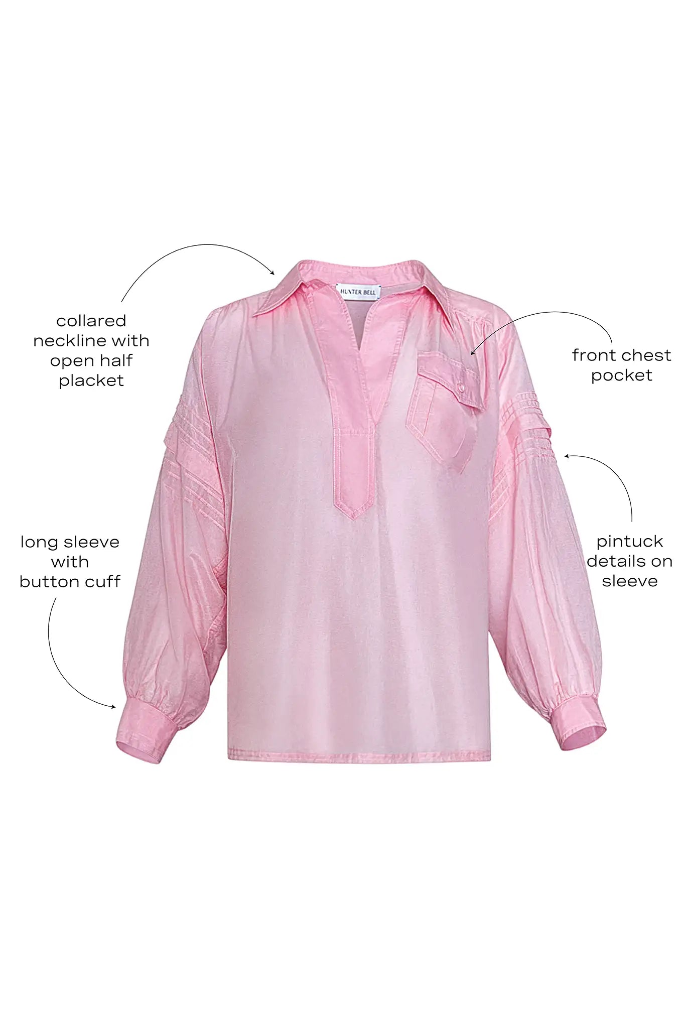 The Evangeline Shirt in Pink Sand with call outs.
