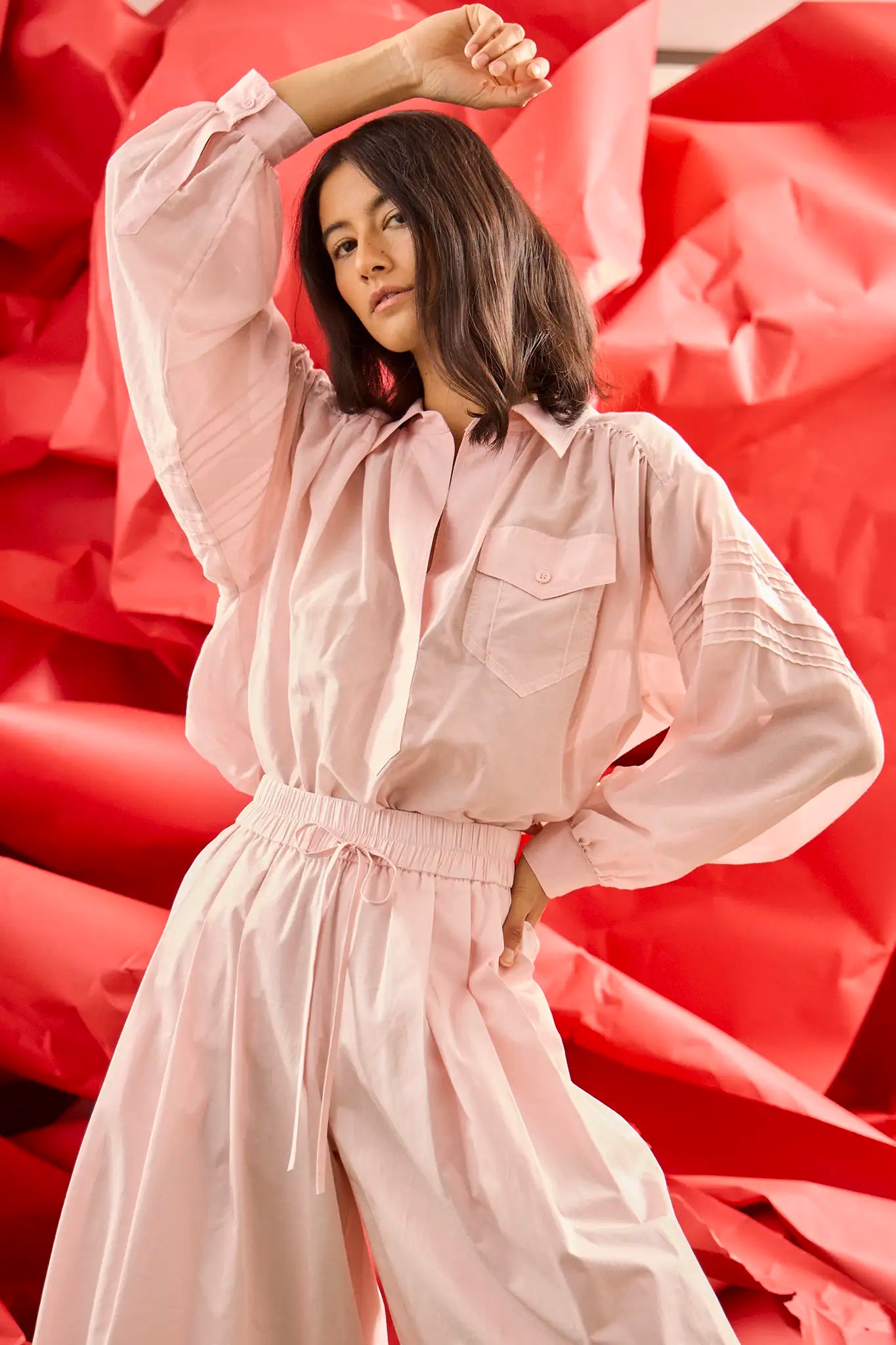 The Evangeline Shirt in Pink Sand paired with the matching Whisper Pant.